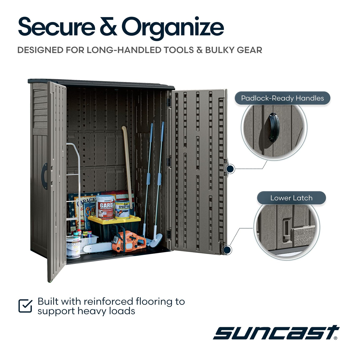Suncast Outdoor Storage Cabinet Waterproof Resin Vertical Outdoor Storage Shed (54 cu. ft.) for Patio, Garden Tools, Cushions, & Equipment. Weatherproof Plastic Multi-Wall Design, Capacity Made in USA