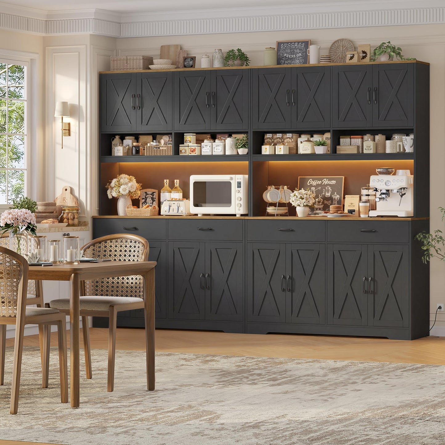 HOSTACK Modern Farmhouse Pantry Cabinet, 75" Tall Kitchen Pantry Storage Cabinet with Charging Station, RGB LED Light, Multi-Purpose Kitchen Storage Hutch Cabinets with Adjustable Shelves, Black