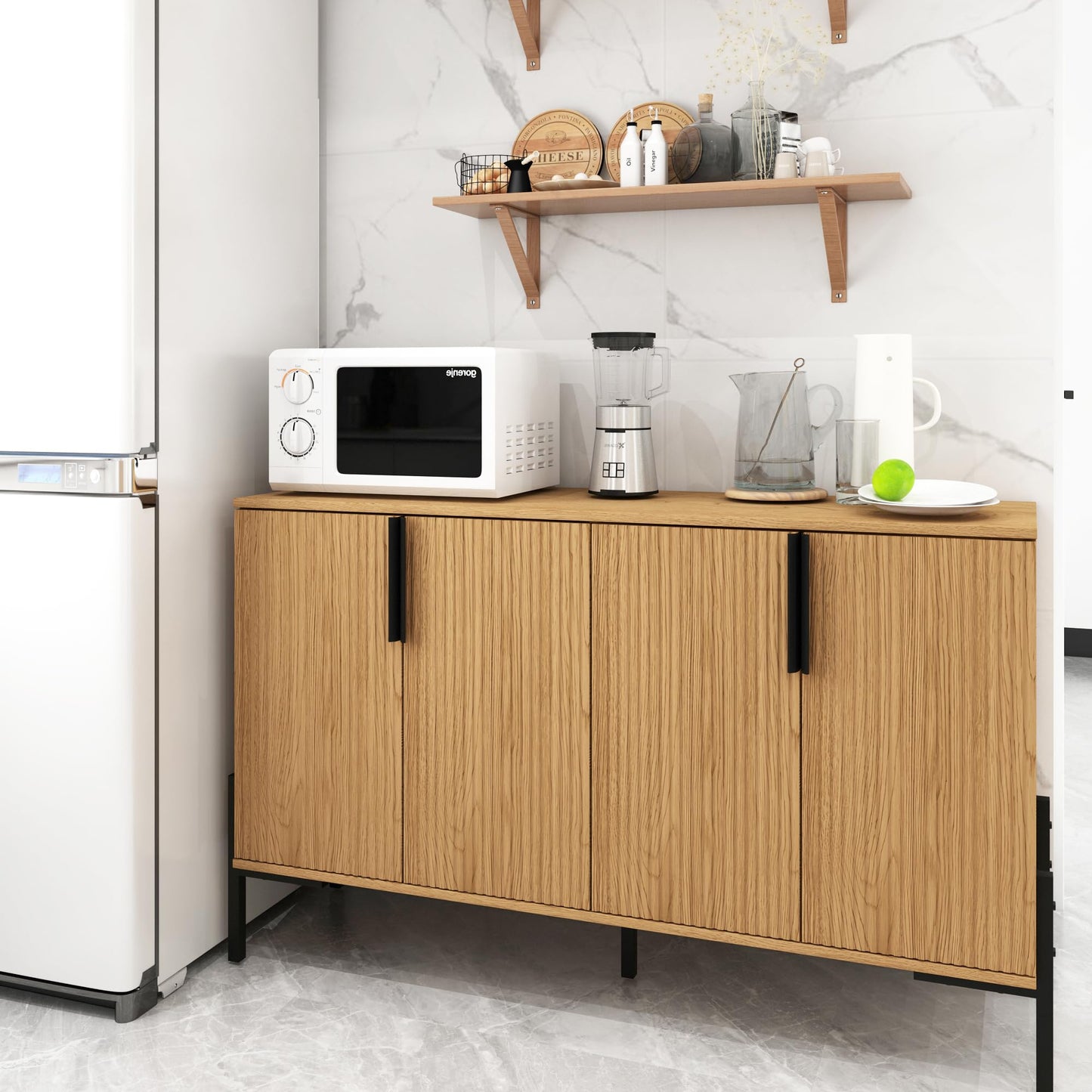 ALBSL 4 Doors Sideboard Buffet Cabinet with Adjustable Shelves, Modern Accent Sideboard with Golden Legs, Wide Storage Cabinet for Kitchen, LivingRoom,Natural