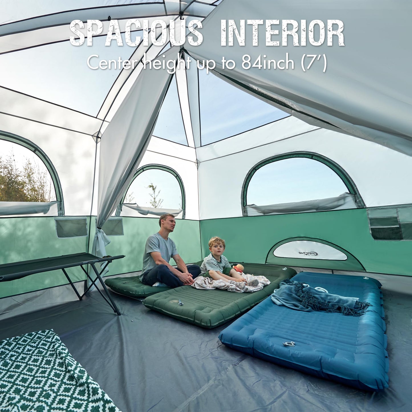 Portal 10 Person Camping Tent with Porch,Water Resistant,Big Family Cabin Tent with 2 Rooms, 6 Large Mesh Windows, Divided Curtain for Outdoor, Traveling, Camping