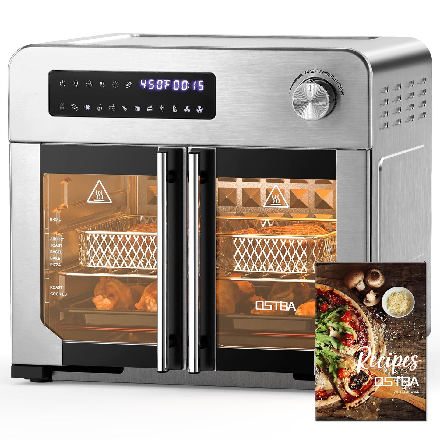 OSTBA French Door Air Fryer Toaster Oven Combo, 24 QT Extra Large Capacity 10-in-1 Airfryer Oven, 30% Faster 90% Less Oil, 102 Recipes & 7 Accessories, Stainless Steel