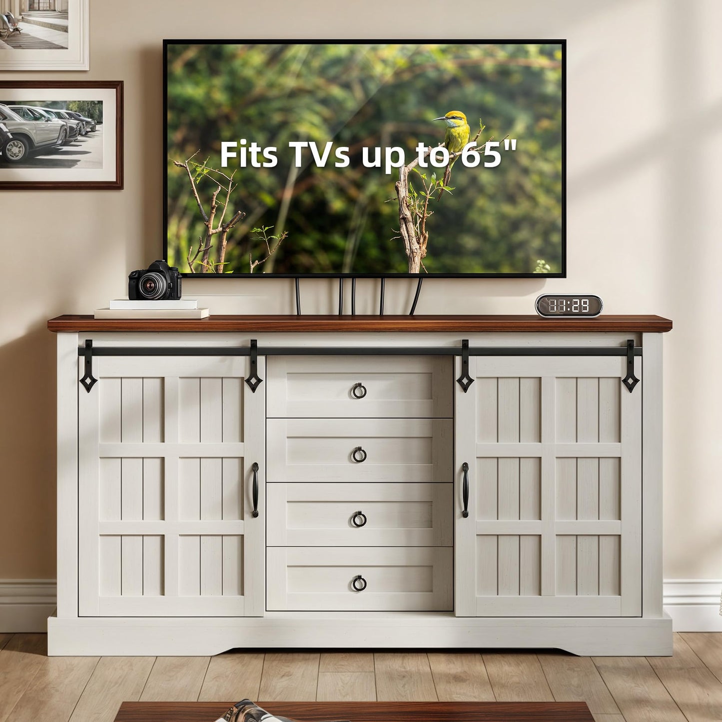 DWVO 59" Sideboard Buffet Cabinet with Storage, Kitchen Storage Cabinet with Sliding Barn Doors and 4 Drawers for Living Room/Kitchen, White Oak