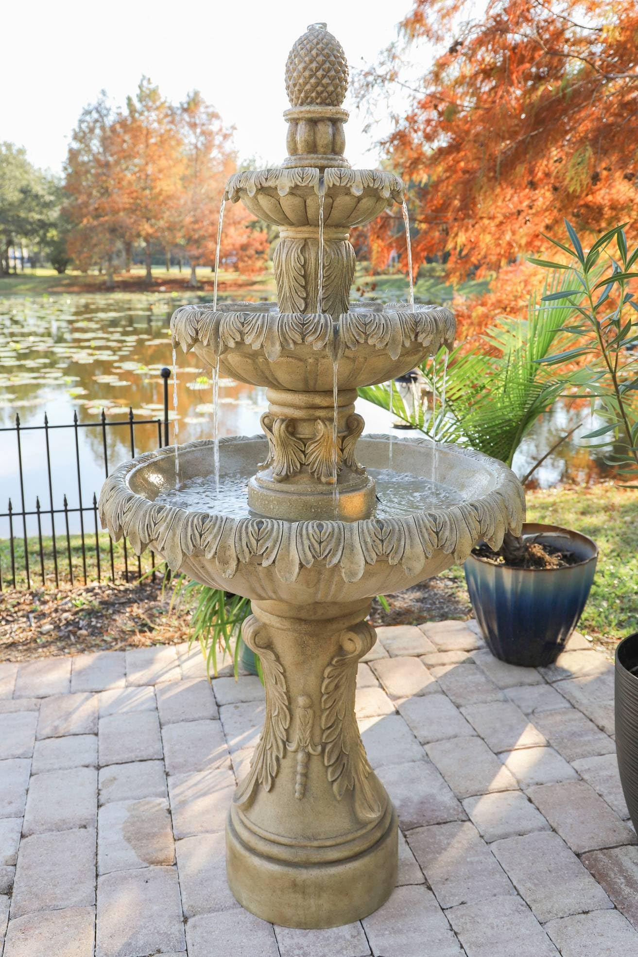 Ibiza 62" High Large Italian Outdoor Decor Sand Stone Floor Fountain with Light LED Waterfall 3-Tier Standing Basin Water Feature for Outside Garden Patio Yard Backyard Porch - John Timberland