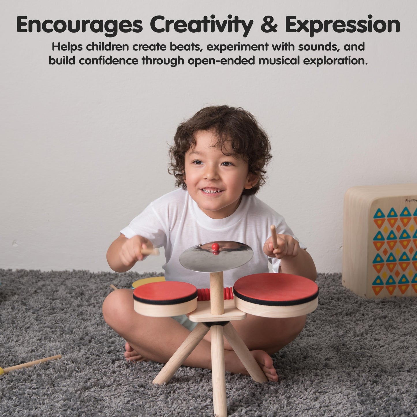 PlanToys® Musical Band Wooden Montessori Drum, Cymbal and Guiro Set | Early Sensory Exploration, Coordination and Creative Expression | Eco Friendly Music Toy for Meaningful Play