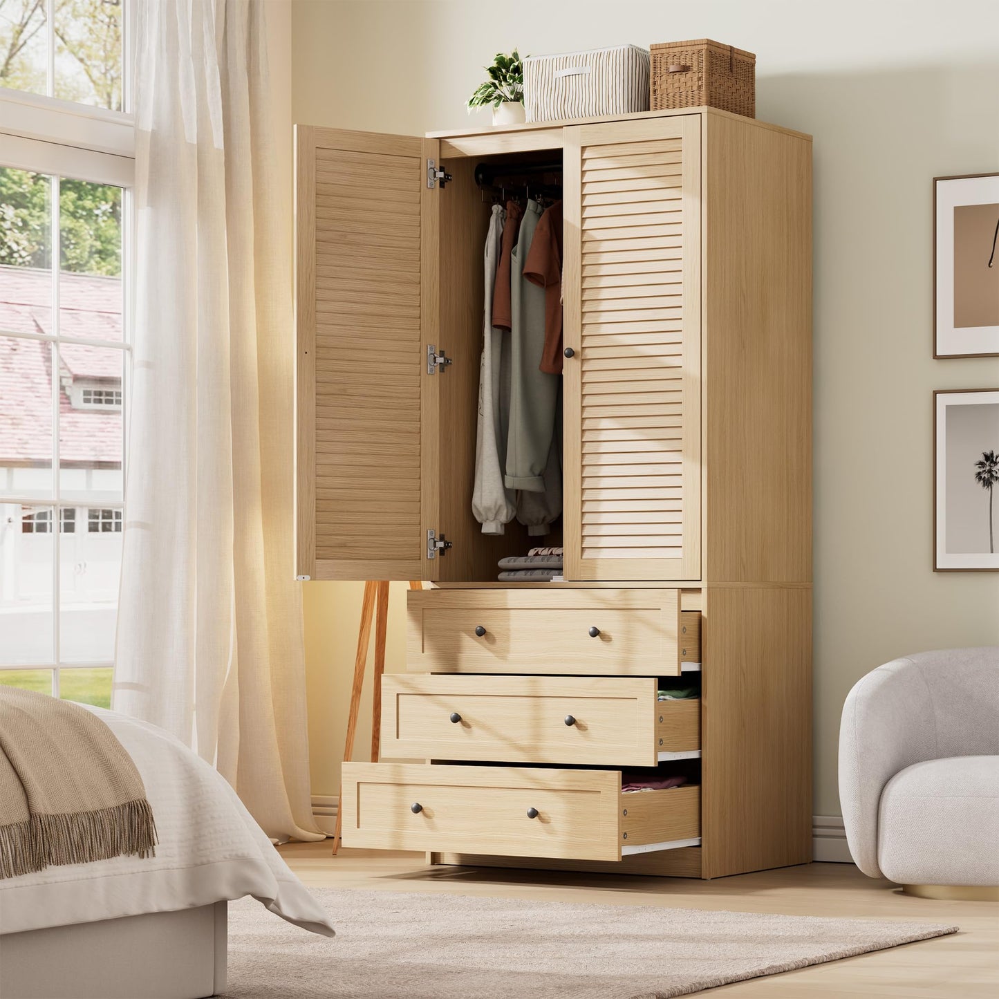 GarveeHome Armoire Wardrobe Closet with Drawers, 69.5 in Wooden Wardrobe Cabinet with Hanging Rod, 2 Doors Clothing Storage Cabinet for Bedroom, Large Capacity Storage, Louvered Door, Natural