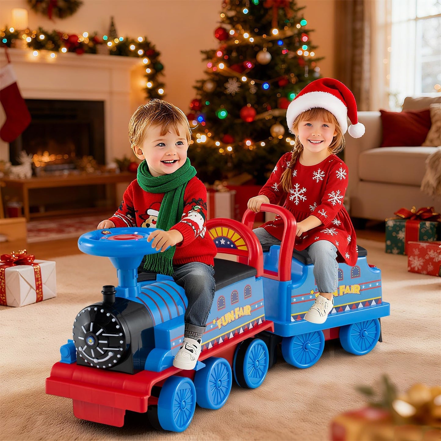 Costzon 2-Seater Ride on Train with Carriage, 6V Ride on Toy w/Under-Seat Storage, Footrests, Train Whistle, Music & Colorful Flashing LED Lights, Electric Car for Kids (2 Seaters, Blue)