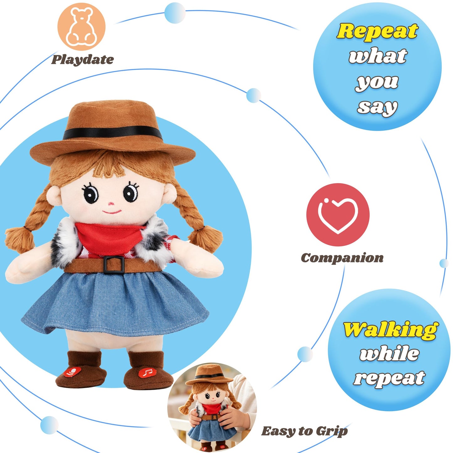 Hopearl Talking Singing Cowgirl Repeats What You Say Girl Walking Doll Electric Interactive Animated Toy Speaking Plush Buddy Gifts for Toddlers, 8''