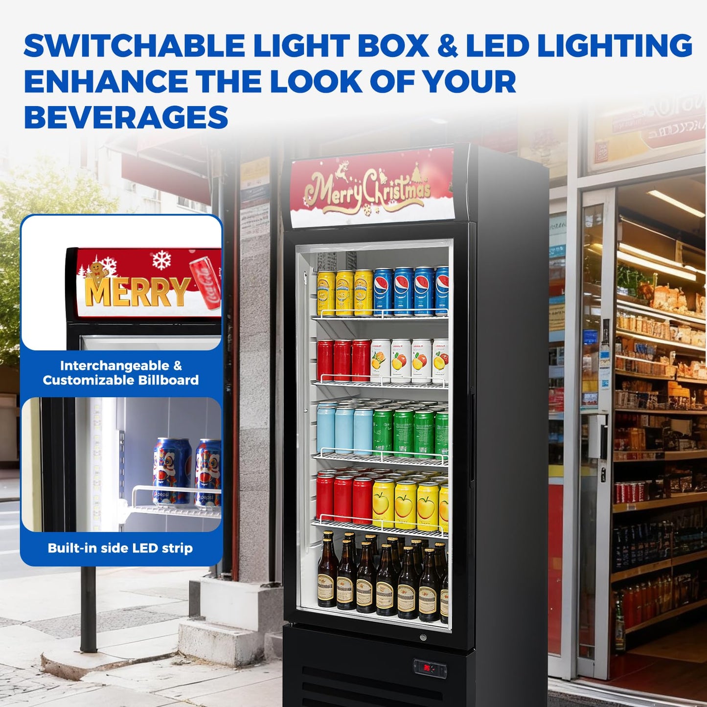 Bluelinecool Commercial Refrigerators 9 Cu.Ft Upright Merchandiser Drink Cooler – Glass Door Beverage Fridge with LED Light, Adjustable Shelves, Lock Wheels – Display Refrigerator for Beer, Bar, Shop