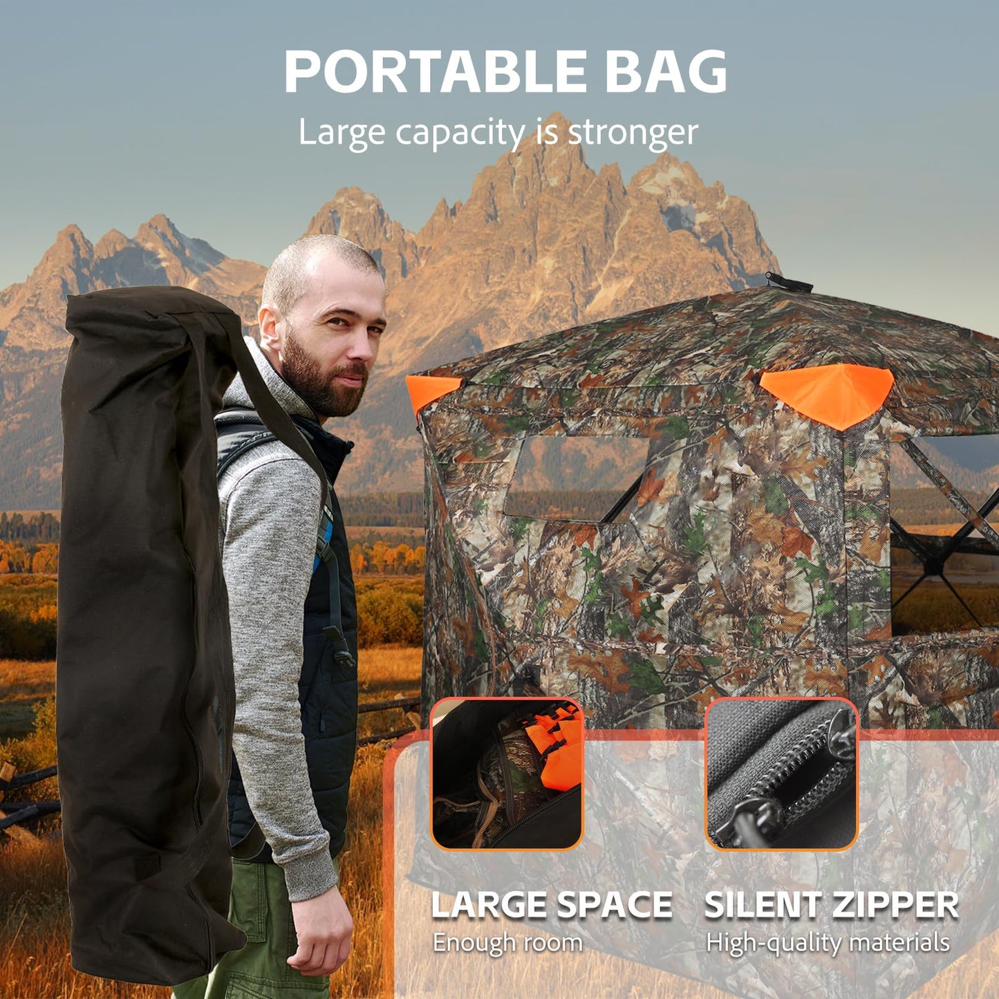 FUNHORUN Hunting Blind 360 Degree See Through Double Door Ground Blind for Hunting, 2/3 Person Pop Up Portable 58" Camouflage Deer/Turkey Tent with Blaze Orange Panels