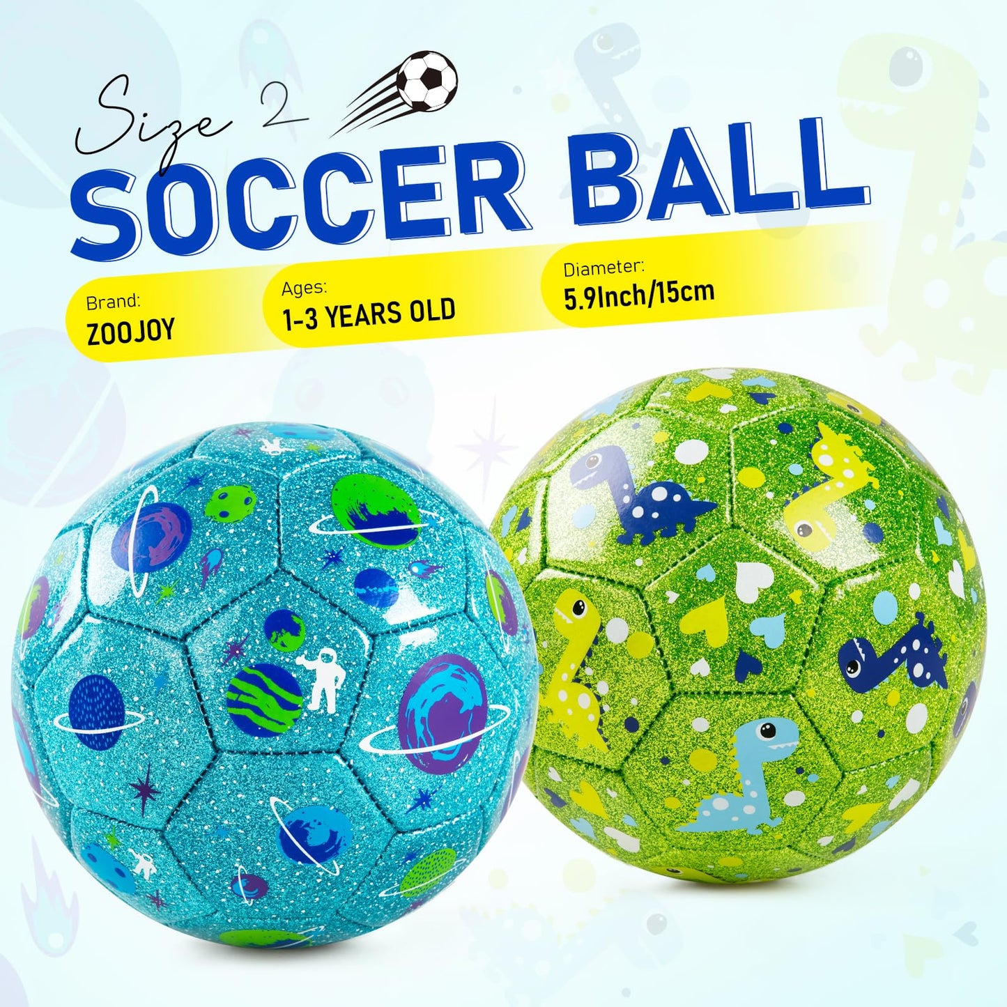 ZOOJOY Size 2 Soccer Ball, 2 Pack Cartoon Balls with Pump Mesh Bag, Planet & Dinosaur Toddler Boys Toys for 1 2 3 4 5 6 Years Old, Trendy Sensory Boys Girls Gifts for Indoor Outdoor Play Balls