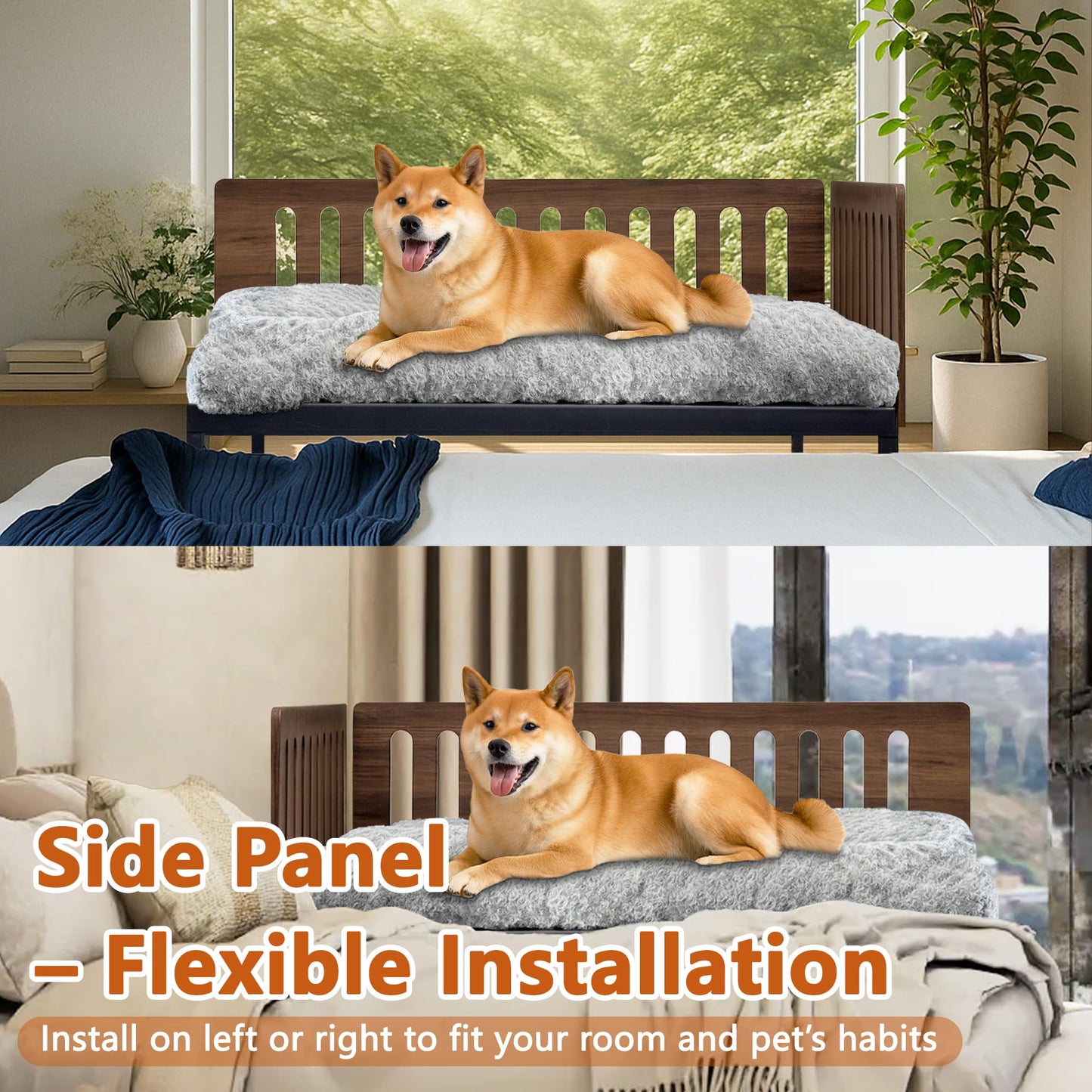 Beside Dog Bed,2 Panel Adjustable Height Dog Bunk Beds,40''x28'' Metal Dogs Bed Frame with Cushion,Large