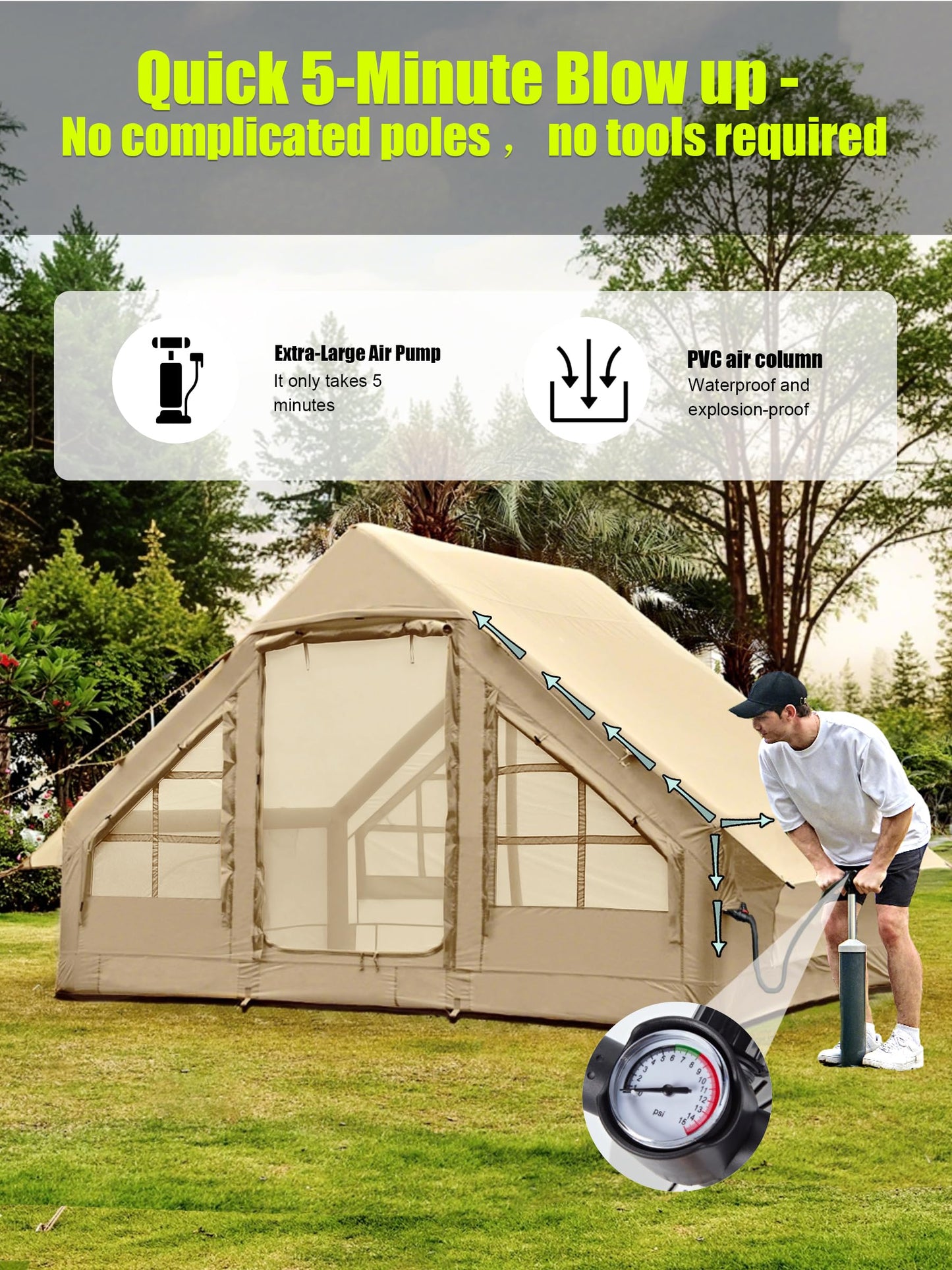 Inflatable Tents for Camping 2-4 Person - Easy Blow Up Glamping Tent with Hand Pump, Waterproof PVC Air Inflatable Tent House for Family Weekend Camping, Beige