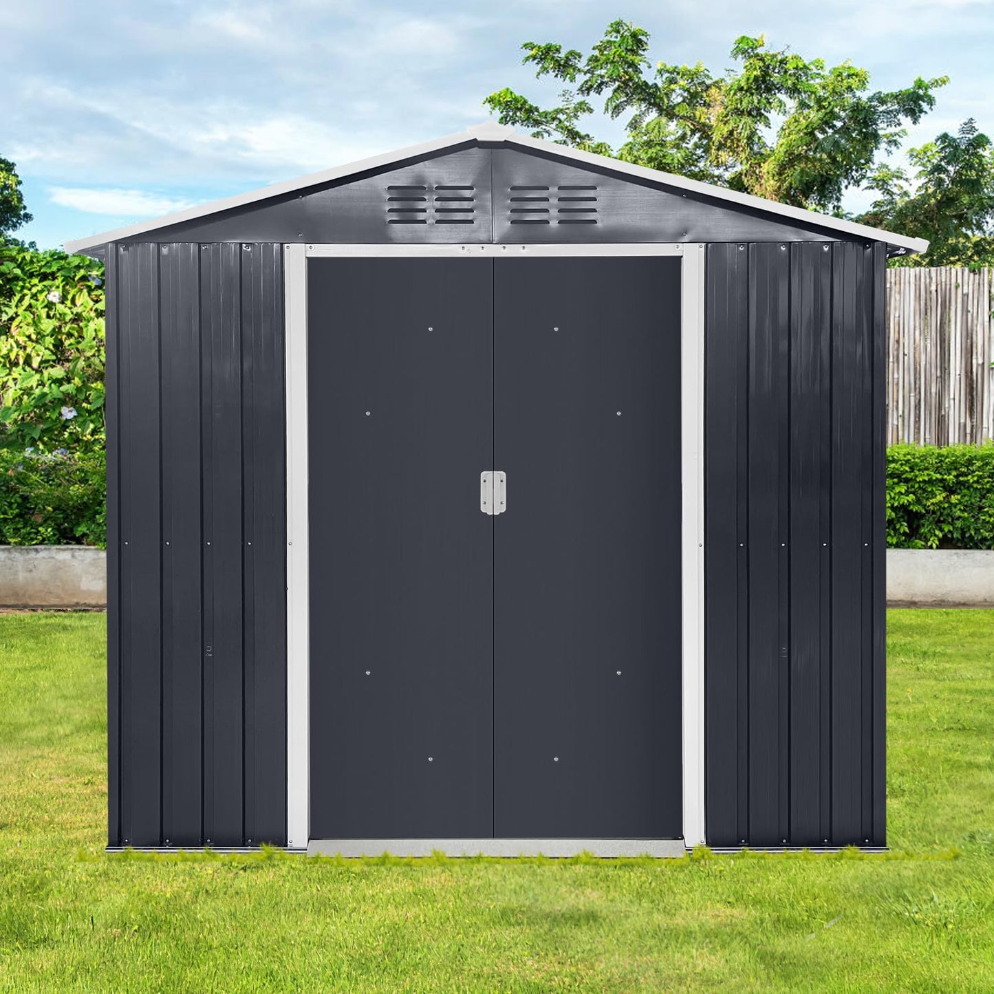 YOPTO 7x4.3 FT Metal Garden Sheds with Window,Outdoor Heavy-Duty Steel Storager Tool Shed W/Sliding Door and Punched Vents,Waterproof Building Organizer for Storing Motorcycle,Bicycles,Grey