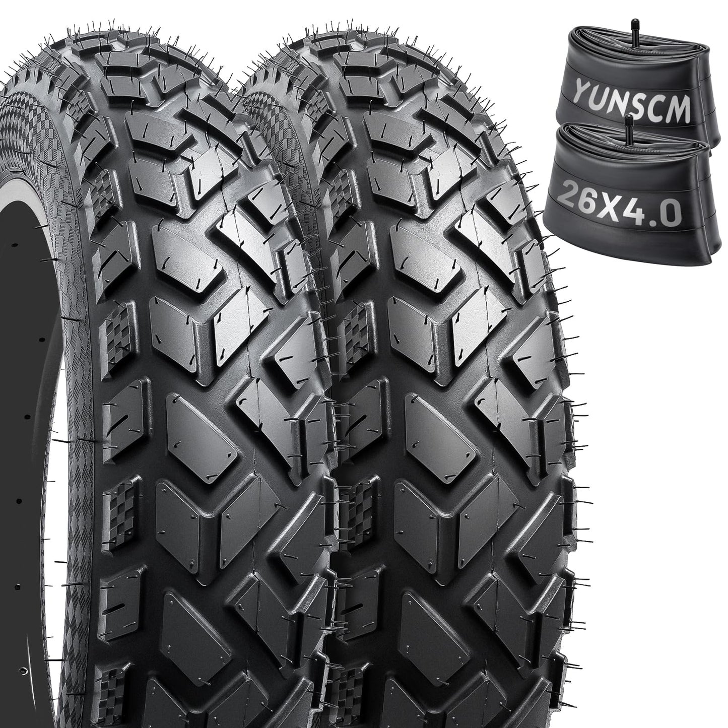 YUNSCM 2-PCS 26" Heavy Duty Fat E-Bike Tires 26 x 4.0/102-559 and 2-PCS 26"x4.0" Bike Tubes Scharder Valve Compatible with 26x4.0 26x4 E-Bike All-Terrain Directional Tread Bicycle Tires and Tubes