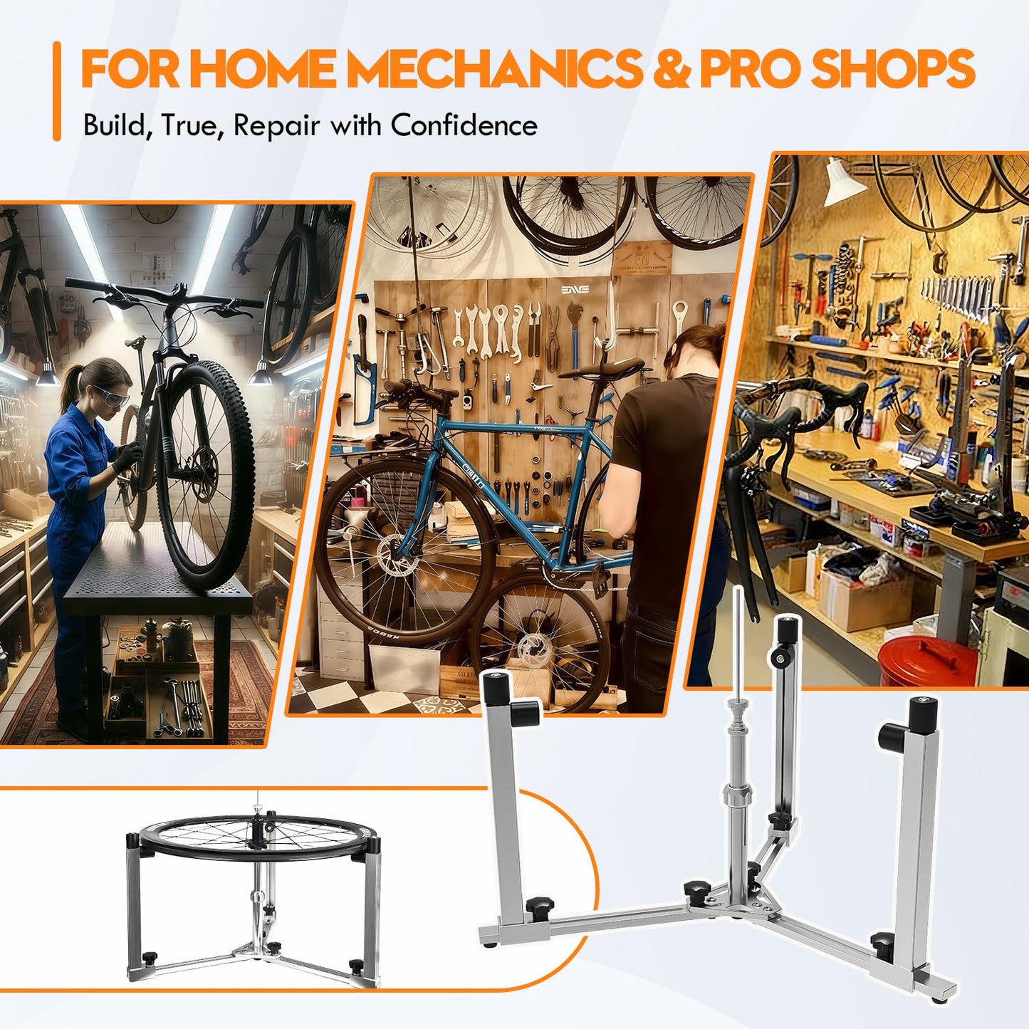 Moroayop Wheel Weaving Stand for Bike Repair – Smooth 360° Rotating Bike Wheel Truing Stand, Foldable Aluminum Alignment Tool with Rim-Safe Rollers, Fits MTB, Road & 700C (Thru Axle & QR)