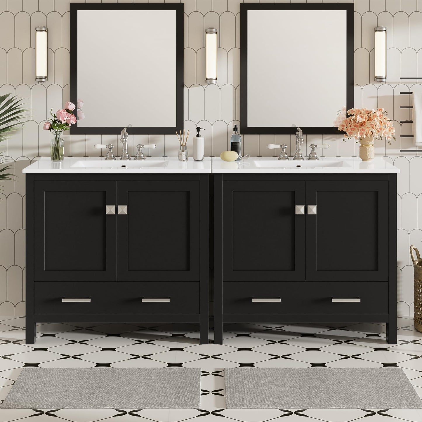 Merax 72 Inch Black Bathroom Vanity with Double Sinks, Modern Freestanding Cabinet with Soft Close Doors, Ample Storage (Divided Drawer, Shelves), Ceramic Sinks & Overflow (2 Separate Units), Black