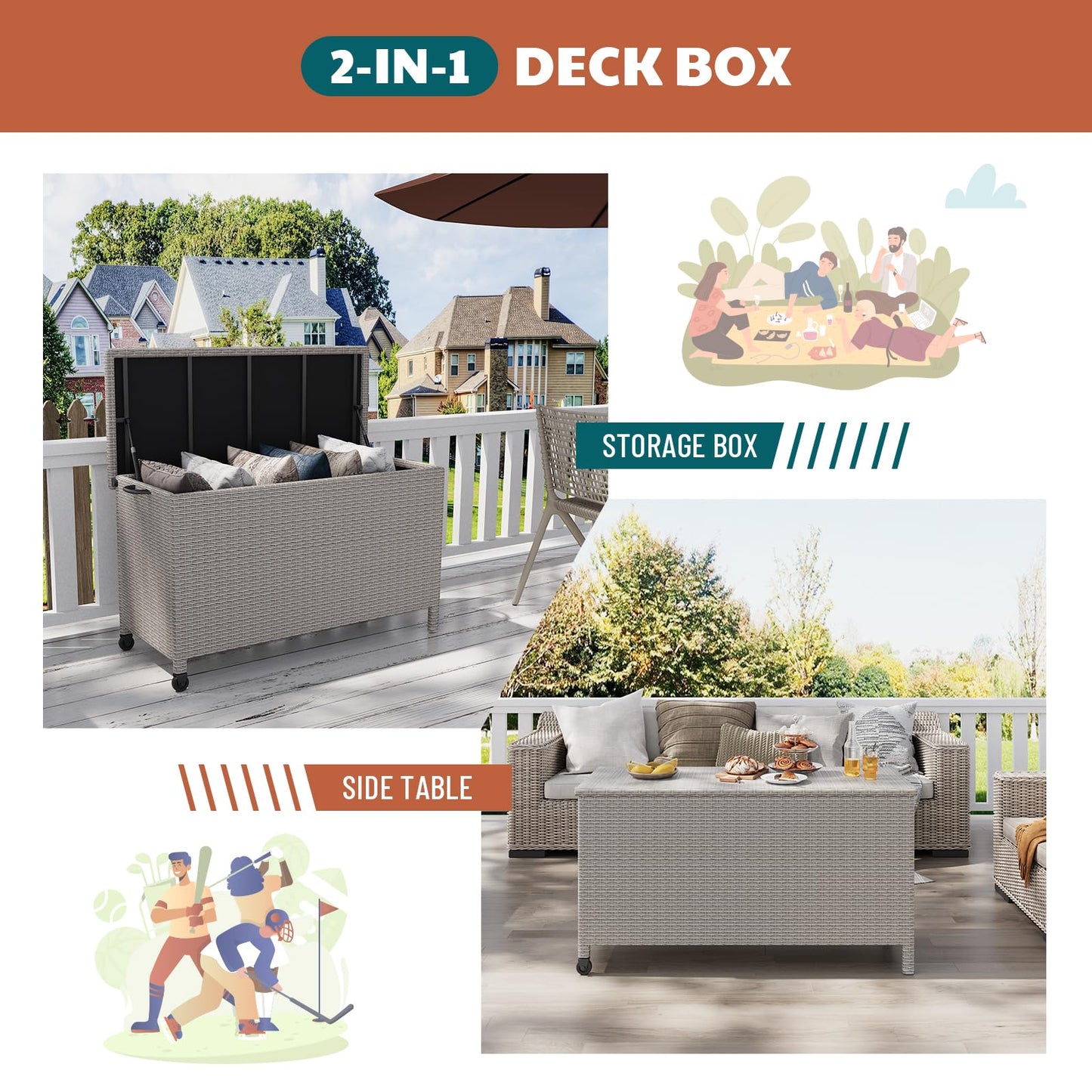 HarmonyHealth 120 Gallon Rattan Deck Box, Outdoor Storage Box With Wheels and Handle, Waterproof Large Storage Bench Organizer for Patio Backyard Cushions, Pool Supplies and Garden Tools, Grey