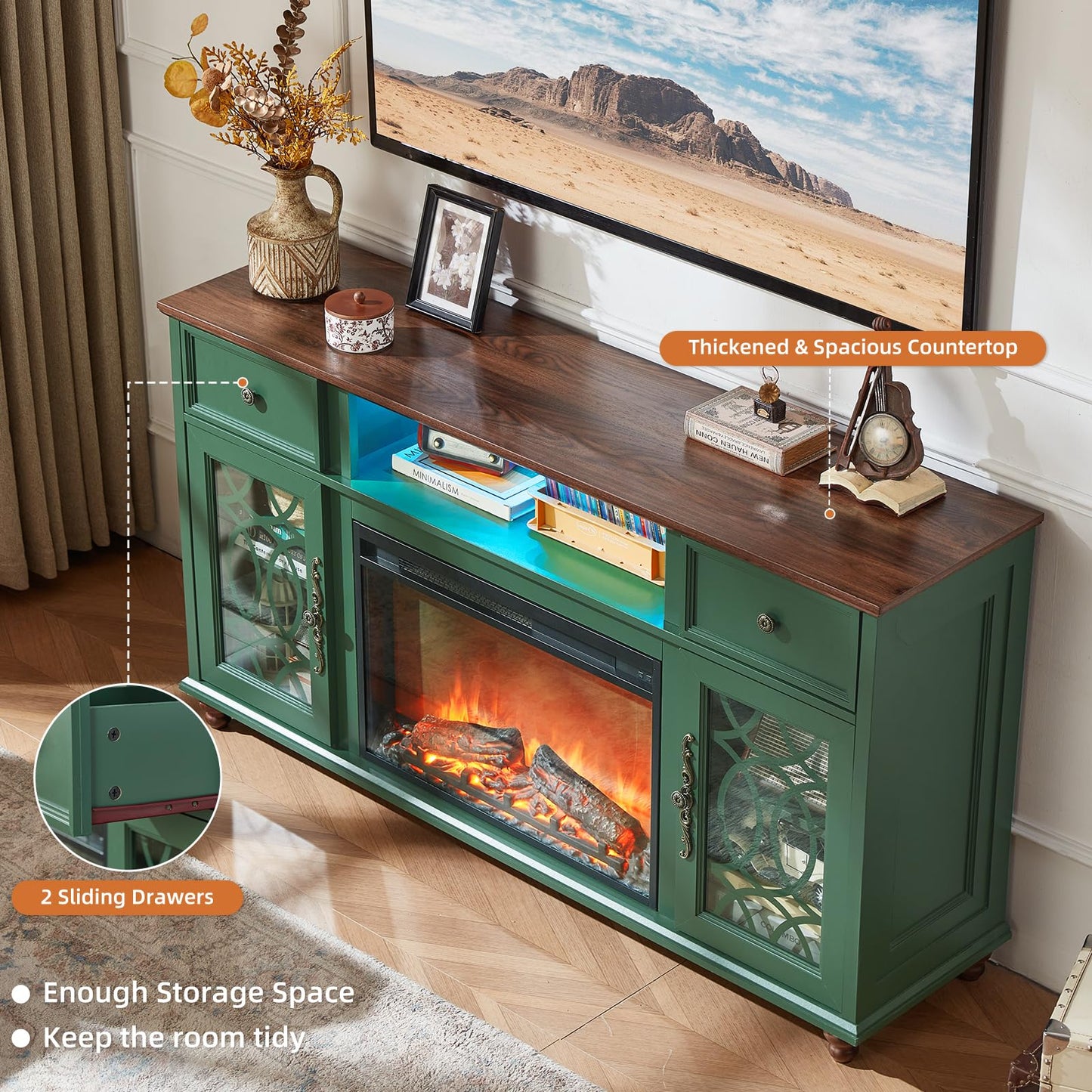 Joaxswe Farmhouse Fireplace TV Stand, 59" Entertainment Center with Electric Fireplace & LED Lights for TVs up to 65'', Glass Door Fire Place TV Stands for Living Room, Media Console w/Drawers,Green