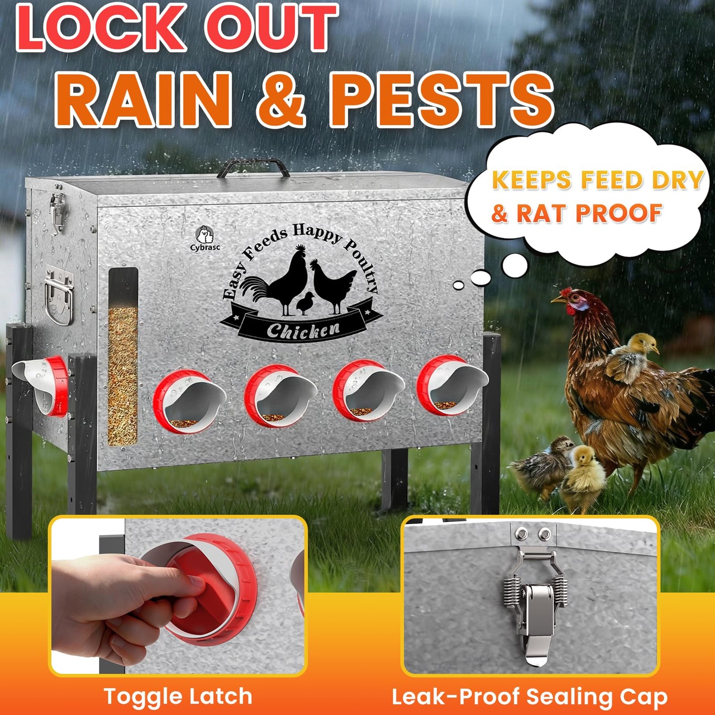 Cybrasc 16gal Large Automatic Chicken Feeder - 10 Port No Waste Poultry Feeder, Rust-Proof Alloy Steel with Locking Lid & Adjustable Legs for Chickens, Ducks, Geese, Poultry