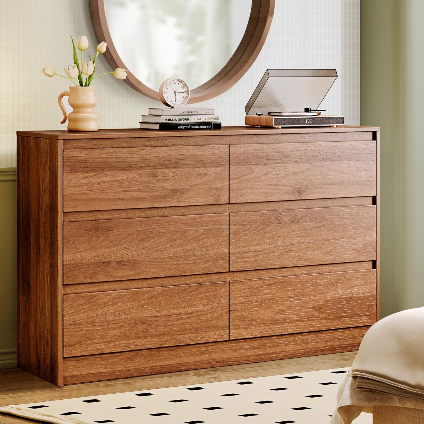 Chrangmay 6 Drawer Dresser,47" Wide Mid Century Chest of Drawers,Wooden Bedroom Drawer Dresser with 6 Storage Drawers for Bedroom,Living Room,with Anti-Tipping Device, Brown
