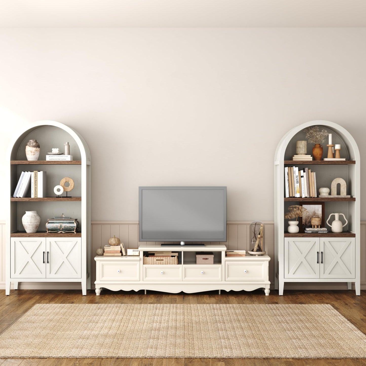 Yusong 71" Tall Arched Bookcase, 5-Tier Arched Bookshelf, Arch Cabinet Display Cabinet with Doors and Adjustable Shelf, Modern Farmhouse Kitchen Pantry for Living Room Bedroom, White