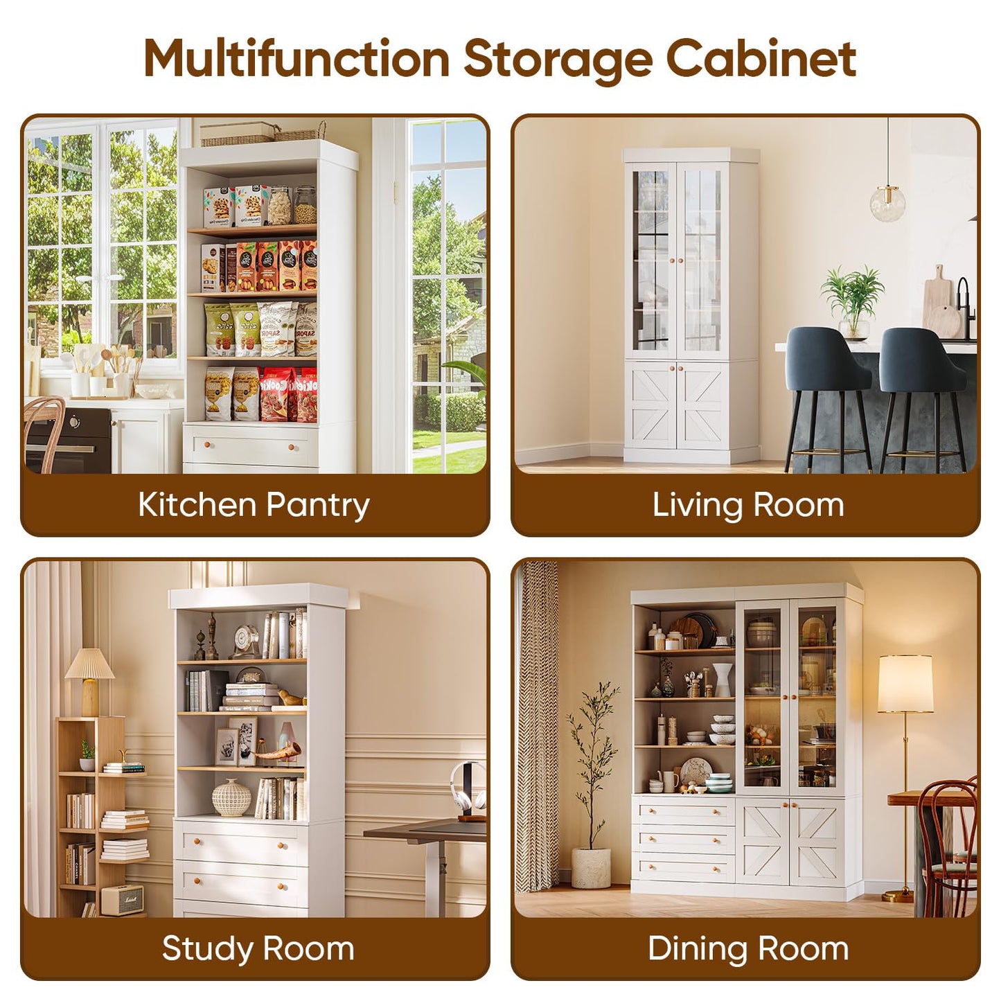 Vyre 71" Tall Farmhouse Kitchen Pantry, Large Storage Cabinets with Glass Doors, Freestanding Wood Hutch Cabinet with 3 Drawers, Adjustable Shelves for Living Room, Dining Room, Set of 3