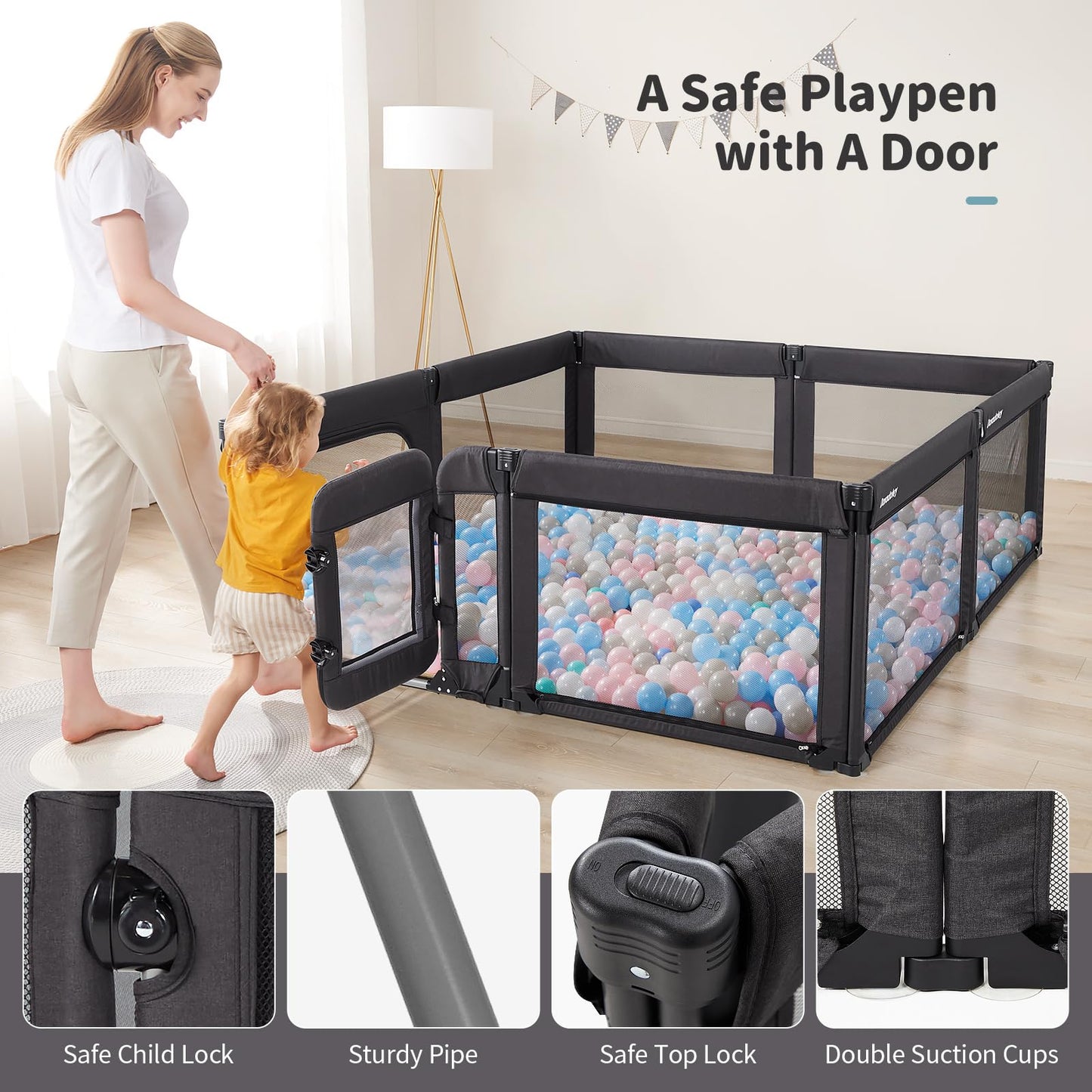 Baby Playpen with Door, Foldable Adjustable Play Pen for Babies and Toddlers,Heavy-Duty Play Yard Fence Play Area, Large Toddler Playpen, Black
