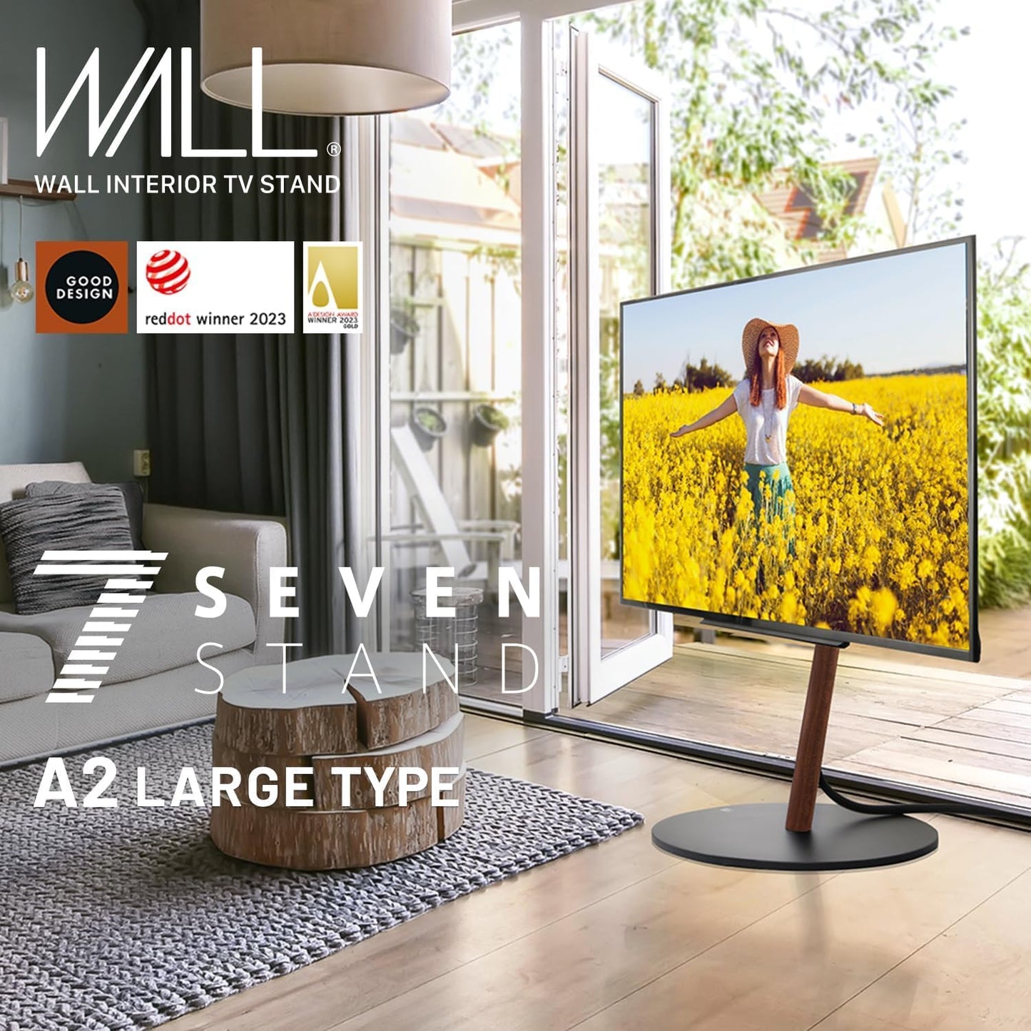 WALL Seven Stand A2 Large | Rolling TV Stand for 45–80" w/ 37.4" Soundbar Shelf | Satin Black | Portable TV Stand with Shelf | Height Adjustable, Space Saving, for Living Room and Bedroom