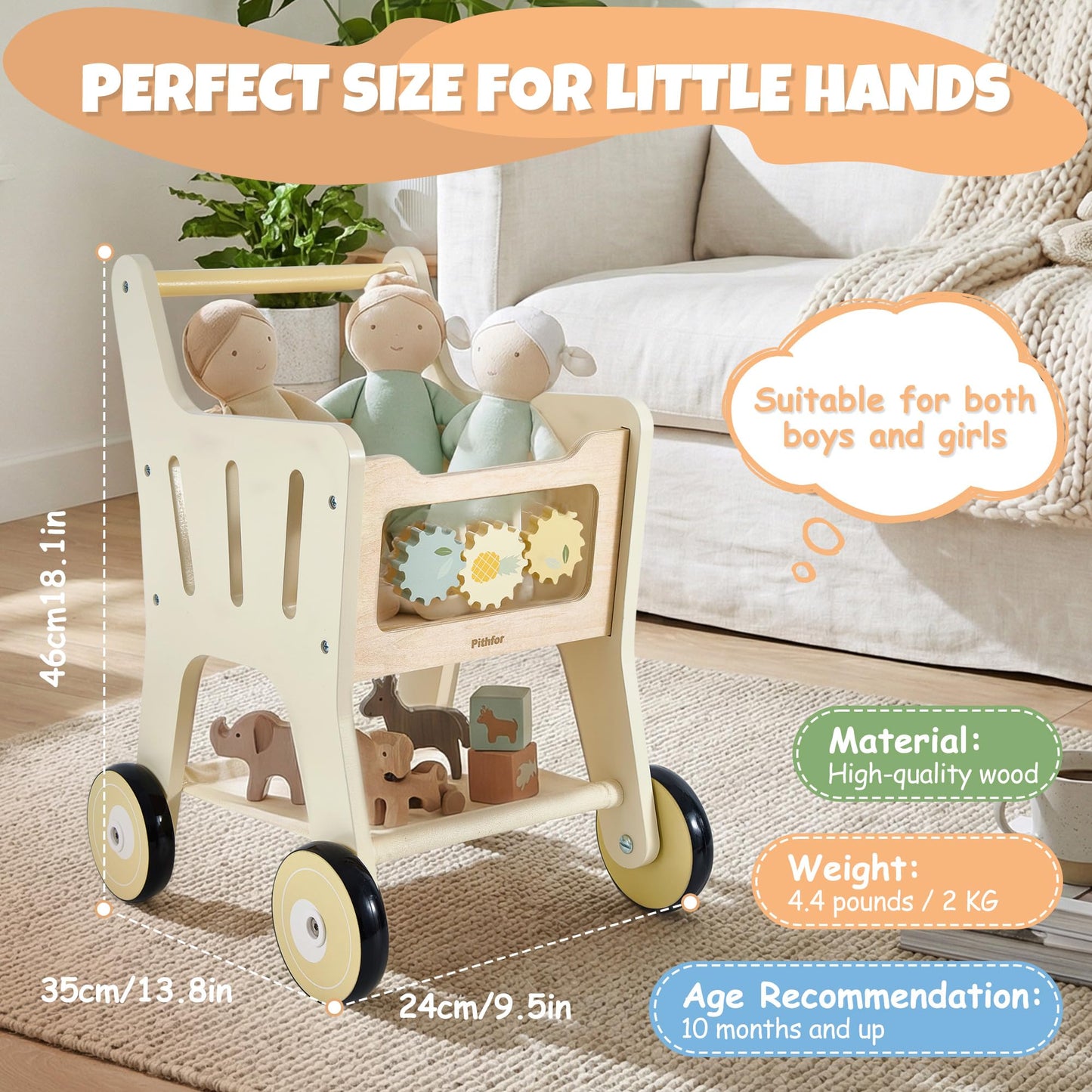 Pithfor Wooden Shopping Cart for Kids, 3 in 1 Wooden Baby Push Walker, Baby Doll Stroller, Toy Shopping Cart for Toddlers 1-3