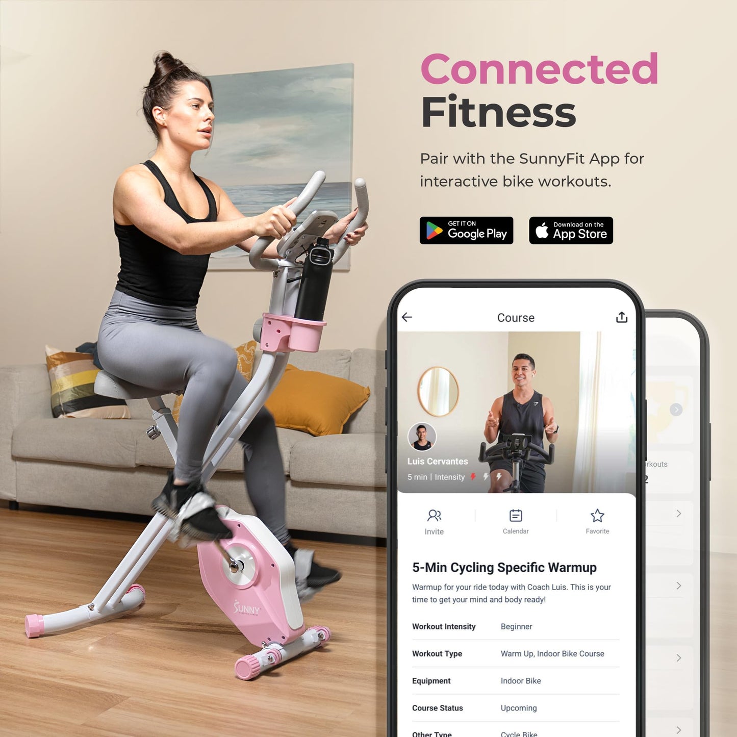 Sunny Health & Fitness Foldable Pink Magnetic Exercise X-Bike Pro, 300LB Capacity, Low-Impact, 14-Level Resistance, Ergonomic Support, SunnyFit® App Enhanced Bluetooth Connectivity - P2320