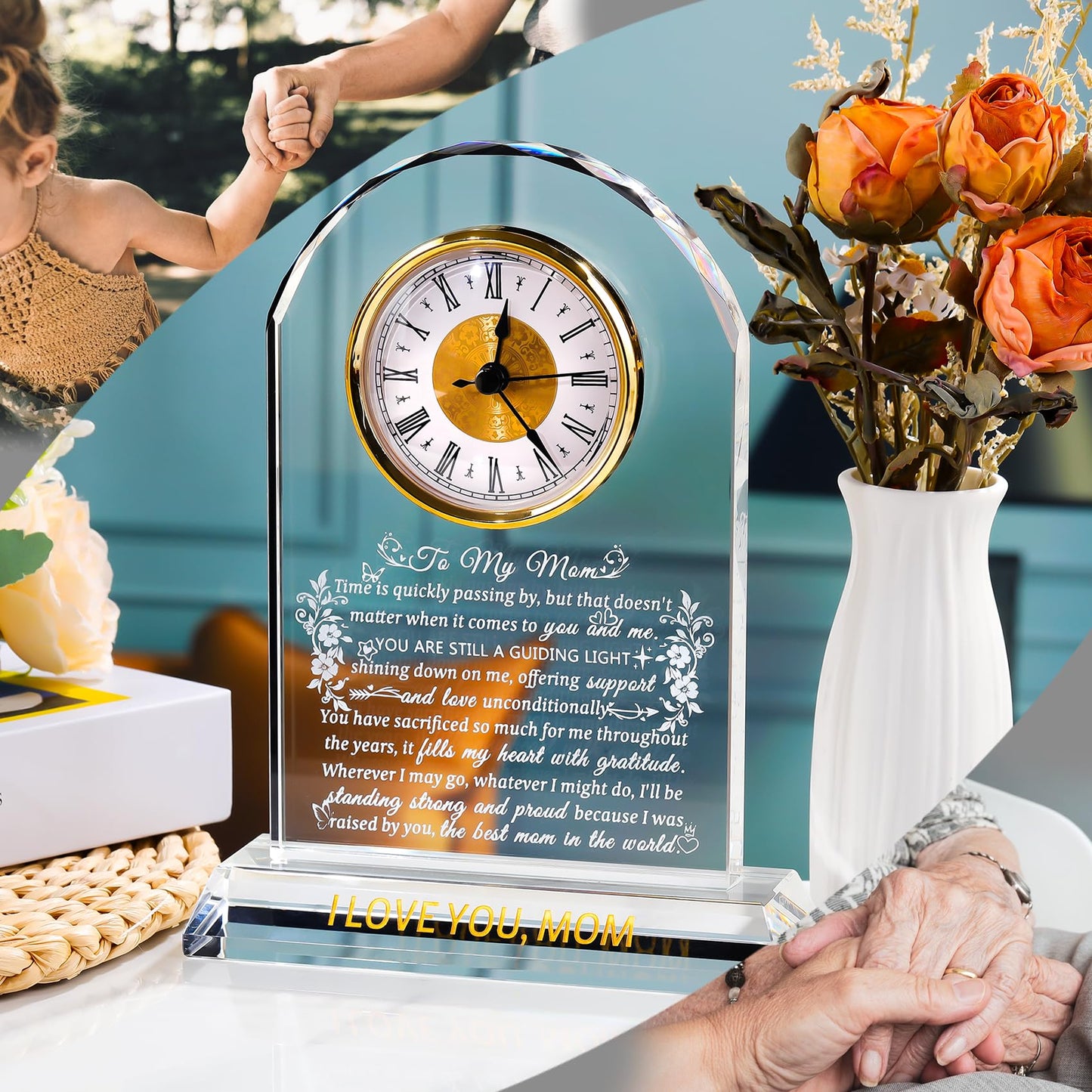 Ornalrist Gifts for Mom Crystal Clock Form Son Daughter on Mother's Day, Birthday - to My Mom Crystal Clock for Mother Desk Home Decor (8.8in, Gift Boxed)