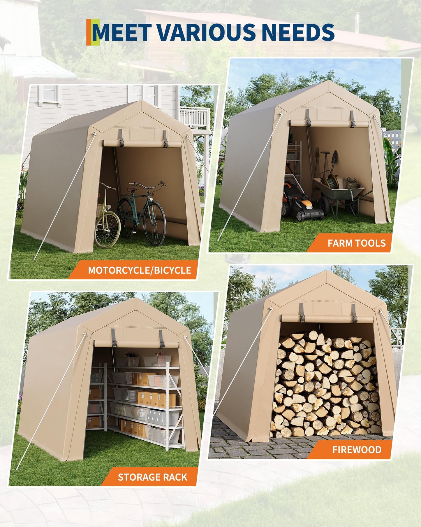 Heavy-Duty 7x10 ft Outdoor Storage Shed, All-Weather Portable Garage with 2 Roll-Up Zipper Doors, Waterproof & UV-Resistant Carport for Motorcycle, ATV, and Garden Tools
