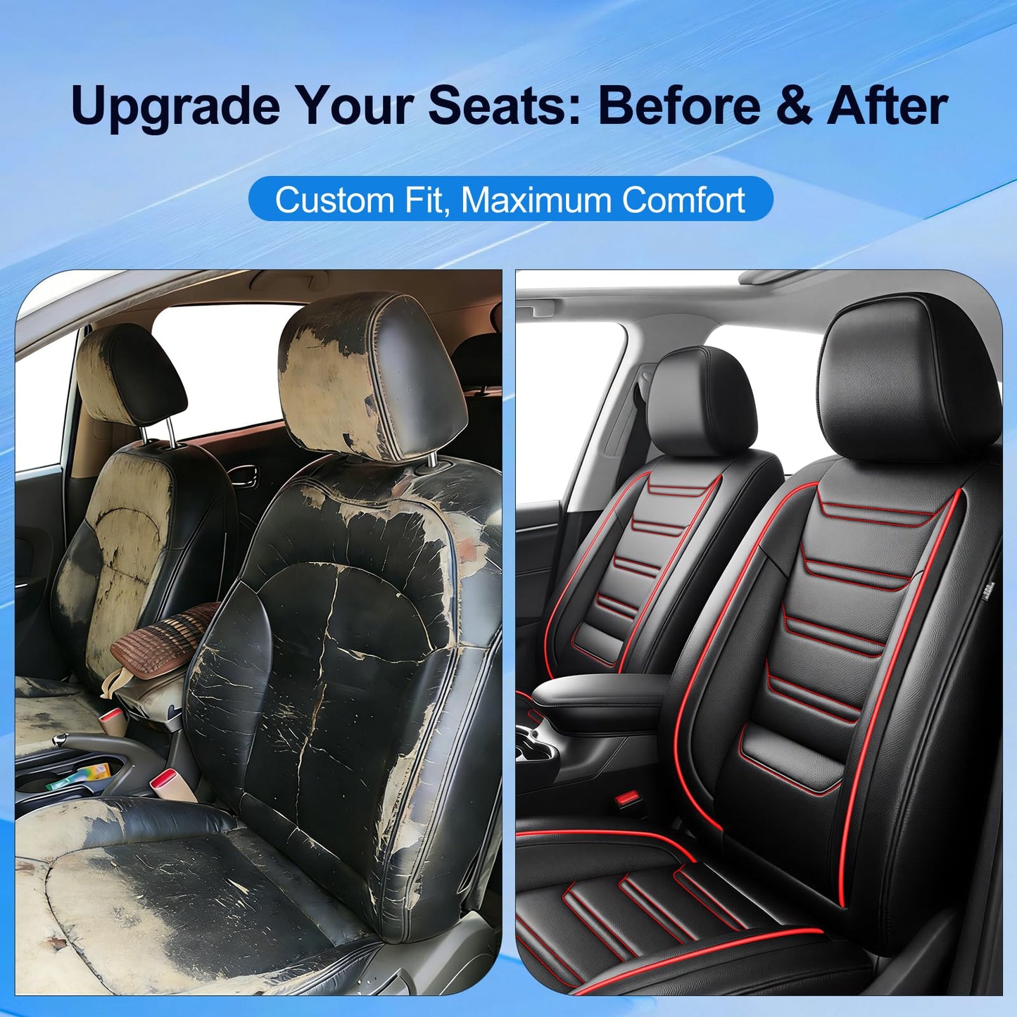FiveFox Fit Trax Car Seat Covers for Chevrolet/Chevy Trax 2015-2026 - Luxury Full Coverage Leather, Waterproof & All Weather Breathable Seat Cushion Protector, Airbag Compatible, Full Set, Red Trim