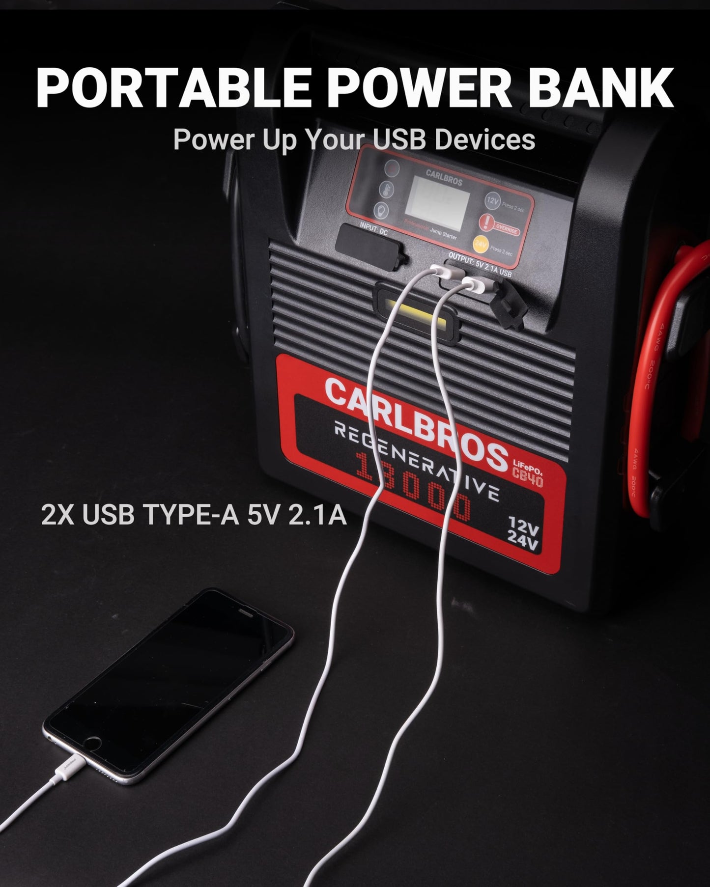 CARLBROS CB40 Heavy Duty Jump Starter, 40S Fast Recharge, 18000A 12/24 Volt Battery Jump Pack for Gas & Diesel Engines Up to 32L, LiFePO4 Commercial Battery Jumper Box for Truck