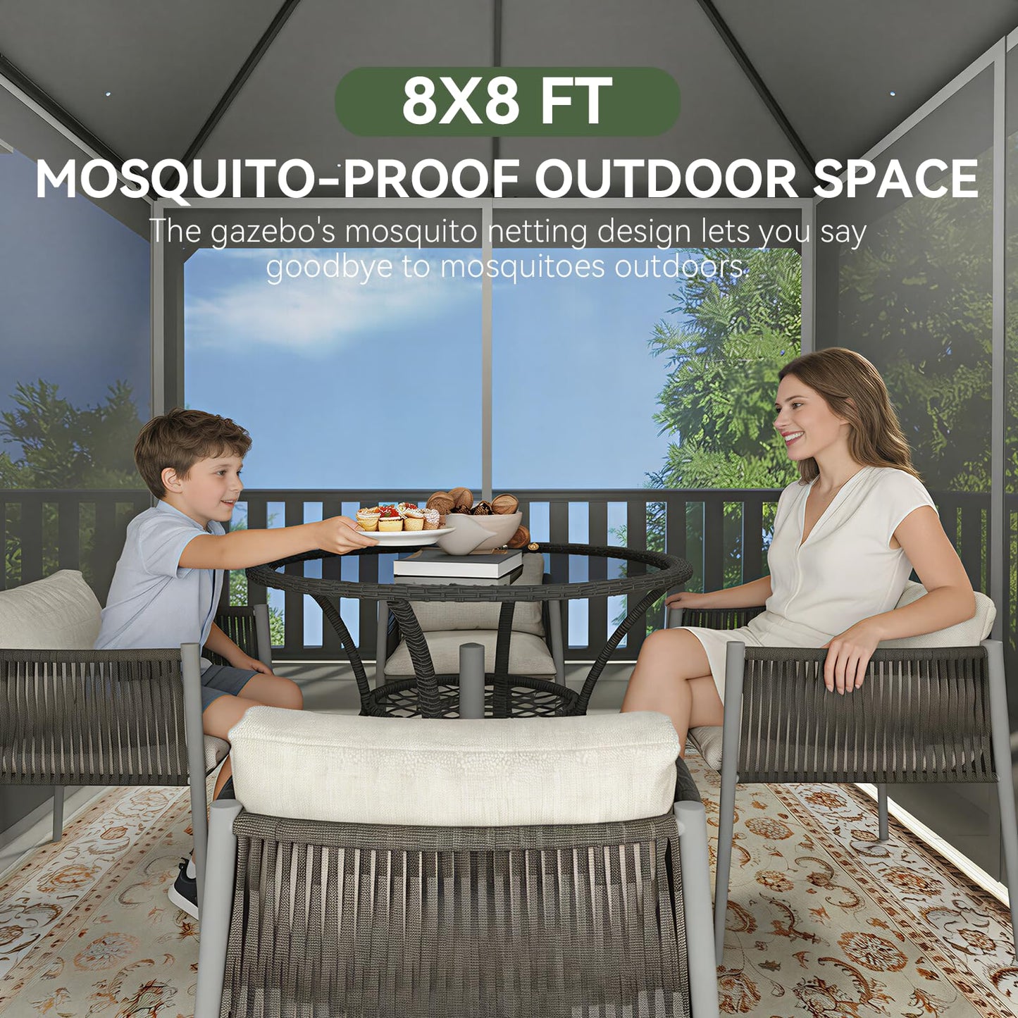 Aoxun Outdoor Gazebo for Patio 8x8, Metal Frame Canopy with Double Roofs, Heavy Duty Party Tent and Shelter with Mosquito Netting and Privacy Screen for Backyard, Lawn, Garden, Deck (Grey)
