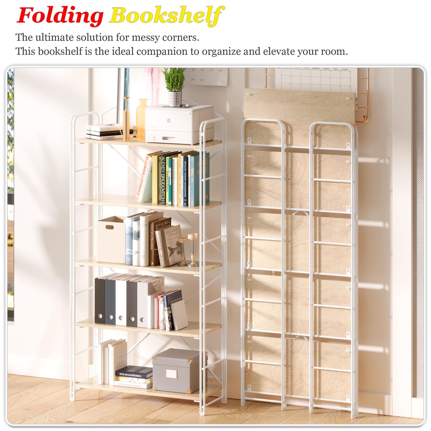 UDD Folding Bookshelf No Assembly, 54.1" H x 23.7" W, 5 Shelf Foldable Bookcase Industrial Collapsible Bookshelves, Open Storage Book Shelves for Small Spaces Home Office Living Room, Light Oak White