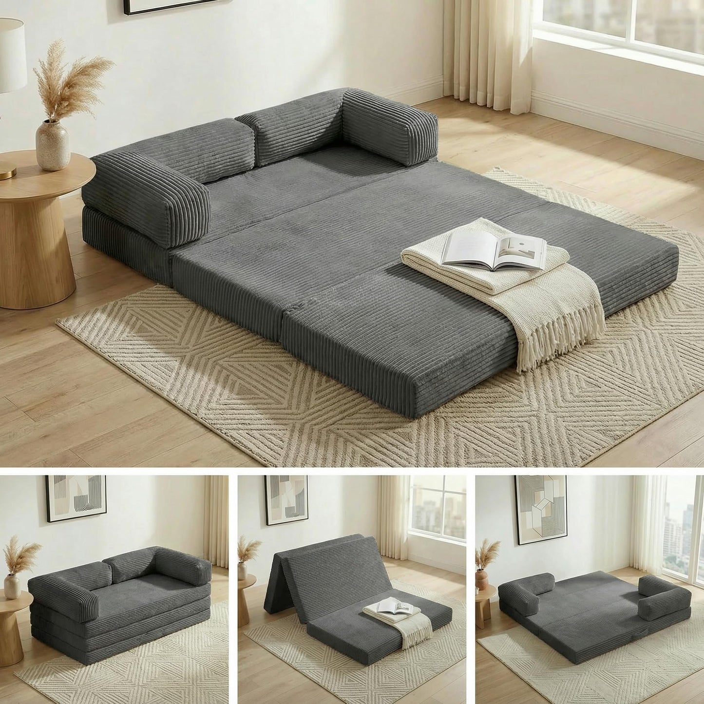 NLDD Convertible Sofa Bed,5-in-1 Tri-Fold Boneless Couch with Removable Armrests & Handle,Corduroy Futon Sleeper Sofa,Floor Folding Mattress Pull Out Bed for Small Space Apartment Living Room Bedroom