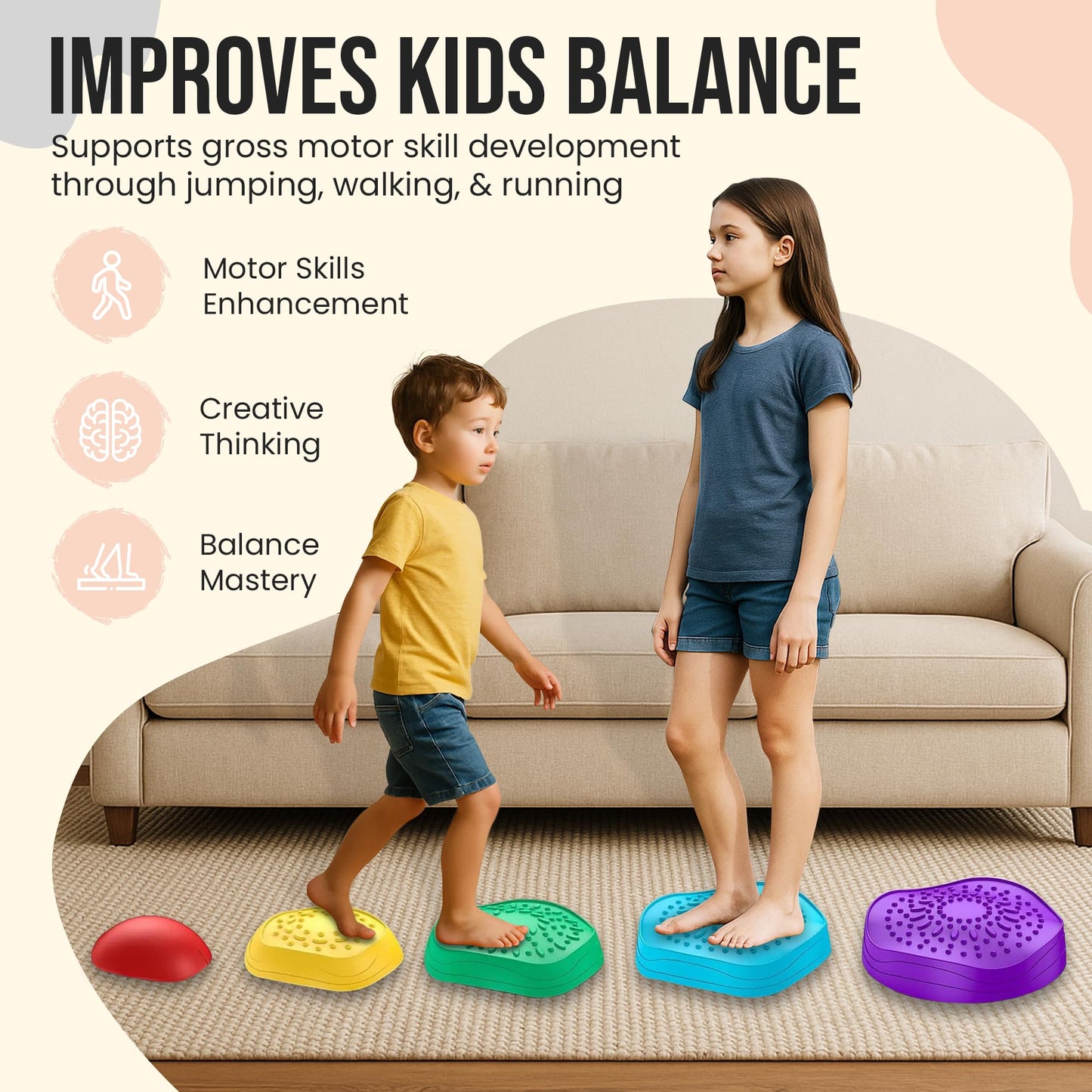 Stepping Stones for Kids, 5pcs Non-Slip Toddler Stepping Stones Age 3-6, Stackable Balance Stones with Stickers, Indoor & Outdoor Obstacle Course Sensory Toy, Promotes Balance & Coordination Skills