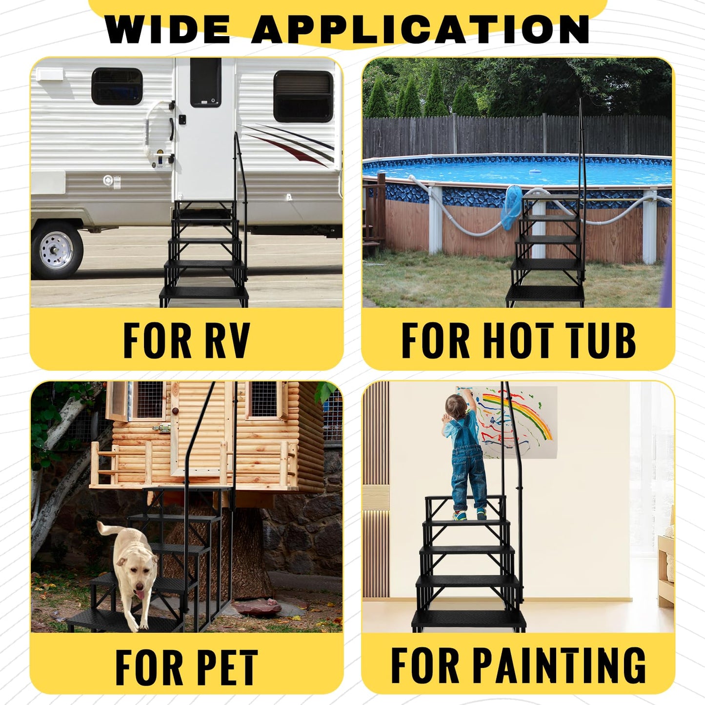 RV Steps with Handrail, Hot Tub Steps Outdoor, 5 Step Ladder Stool, RV Stairs with Anti-Slip Panel, Camper Steps for Spa, Travel Trailers, Pool and Porch