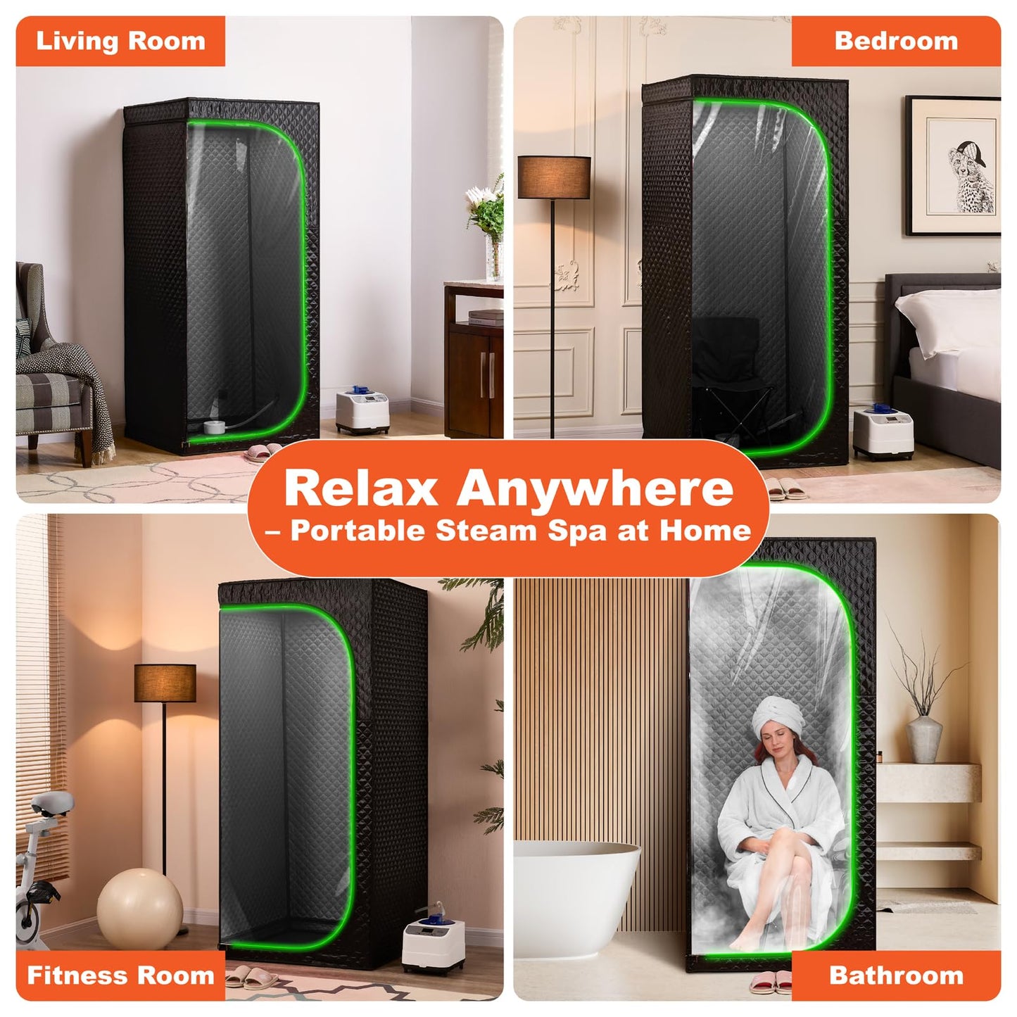 UNANEST Portable Full-Body Steam Sauna Tent for Home – Large Indoor Personal Sauna with 9 Heat Levels, 3L Steamer, Remote, Foldable Chair and Transparent Window (Quadrilateral, Black)