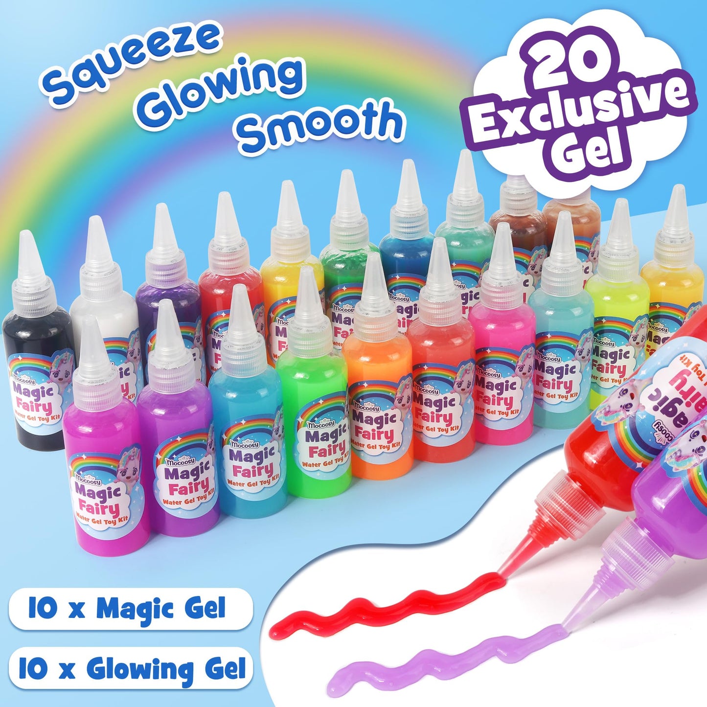 Mocoosy Magic Water Elf Toy Kit for Kids, Glow in the Dark Aqua Fairy Water Gel Kit with 20 Gel & 16 Molds, Make Your Own Squishies, Squishy Maker Set Water Pets DIY STEM Craft Kit Gift for Boys Girls