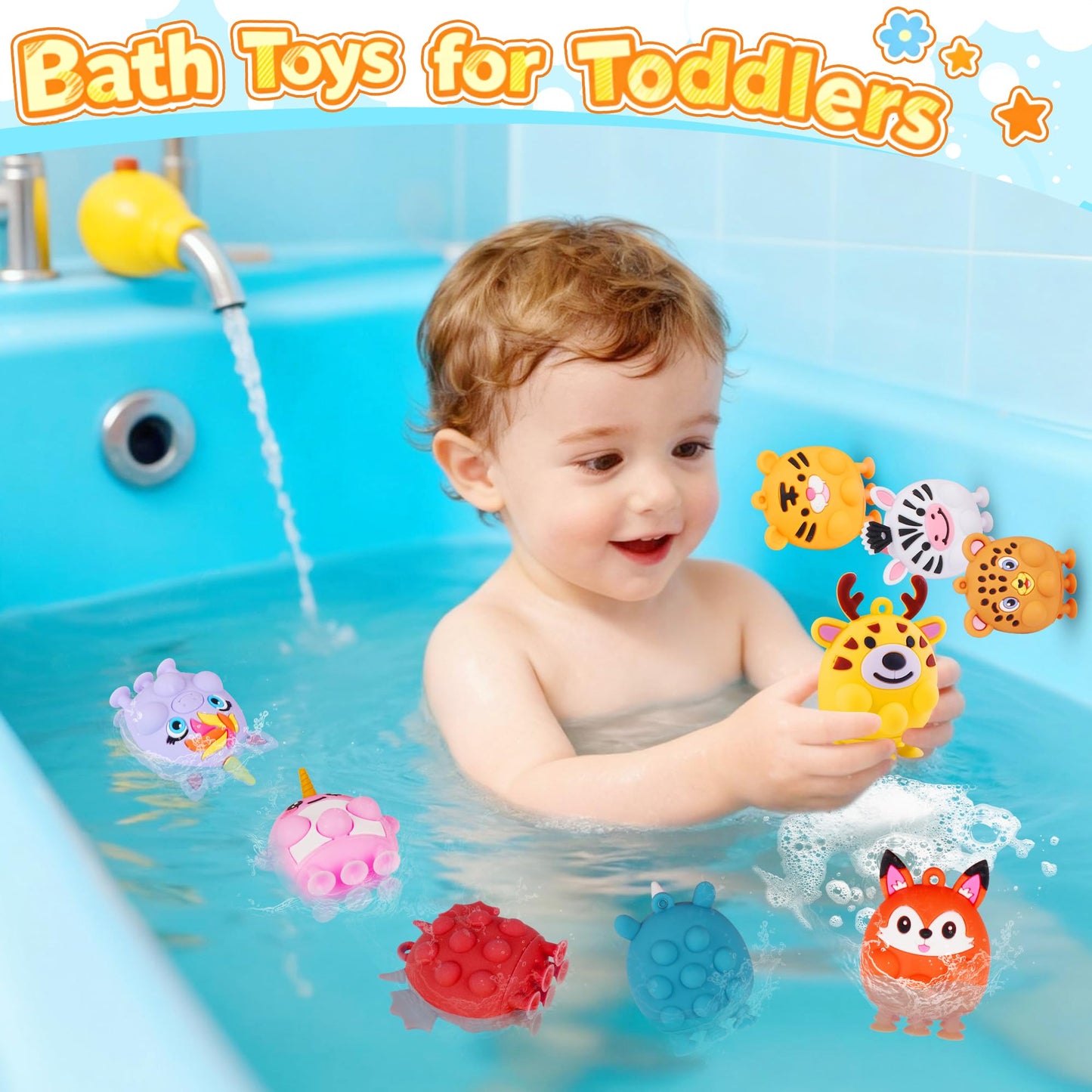 12PCS Animal Suction Pop Toys for Age 1 2 3 4 5 6, Airplane Car Travel Activities Essential, Birthday Gifts for Boys Girls Toddlers, Bath Toys for Toddler
