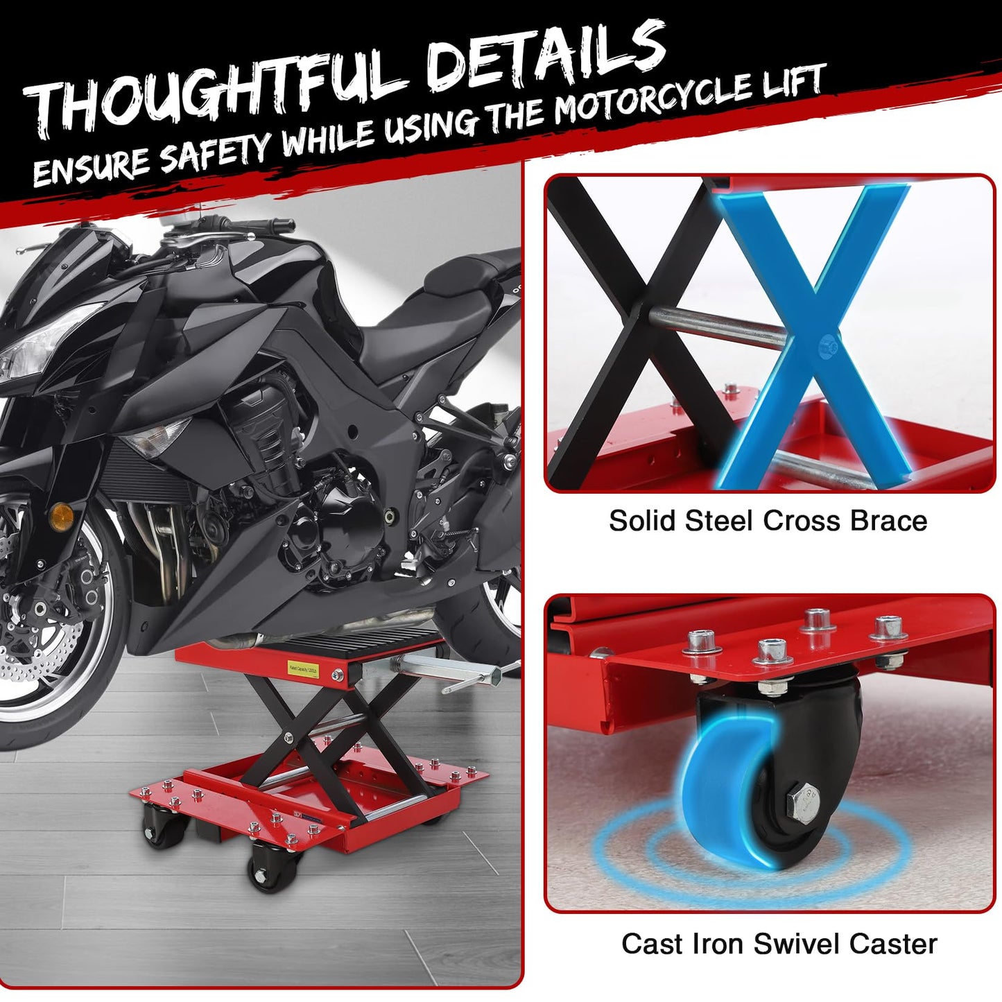 Garvee Motorcycle Lift Jack with Wheels, 1200 LBS Transmission Motorcycle Stand Scissor Jack with Wide Deck & Dolly, Thickened Rubber Pad Dirt Bike Stand Lift for ATV, Bike, Street Cruiser Bikes
