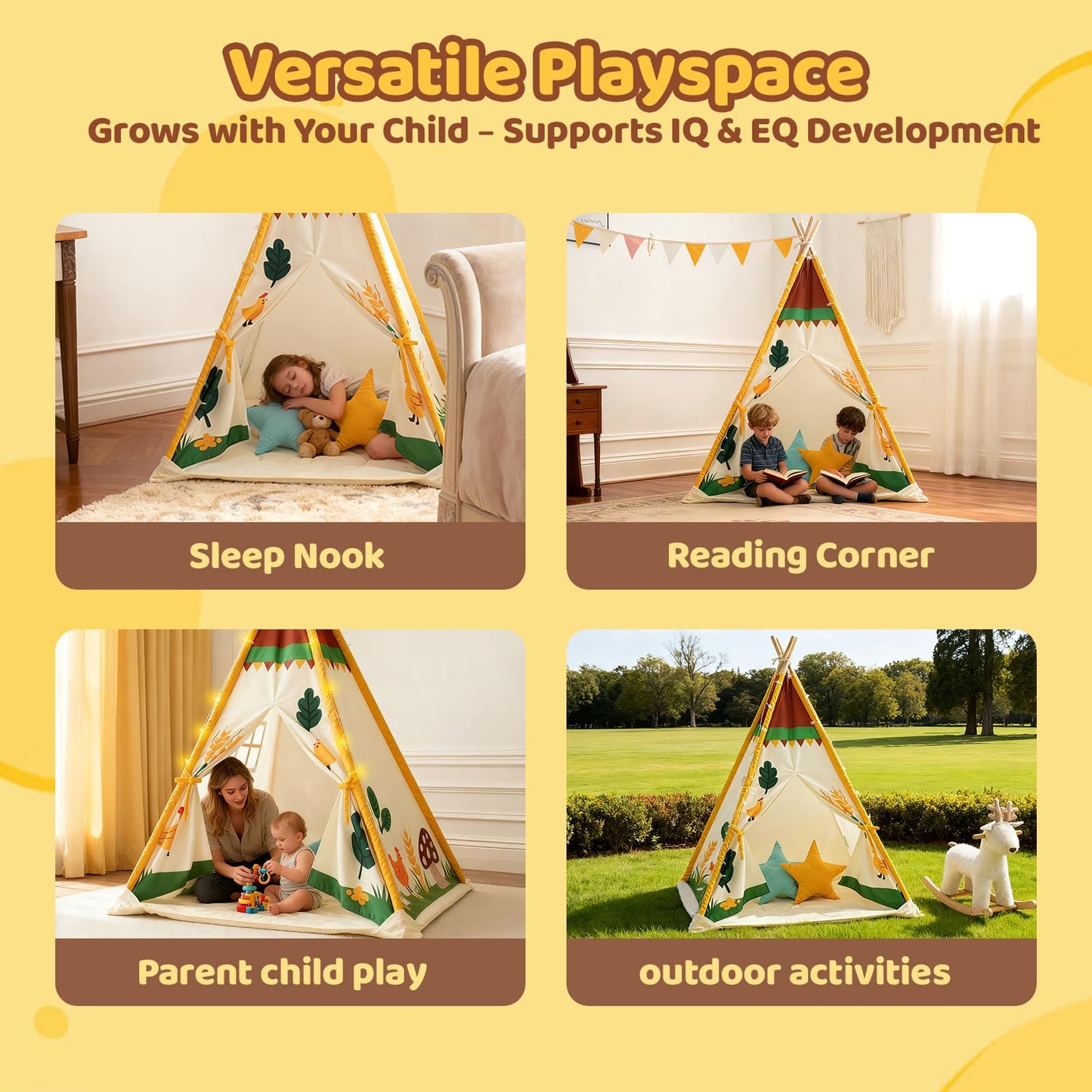 Duwenem Teepee Tent for Kids, Play Tent with Padded Mat & Star Lights, Indoor Play Tent for Girls & Boys, Pastoral Chicken