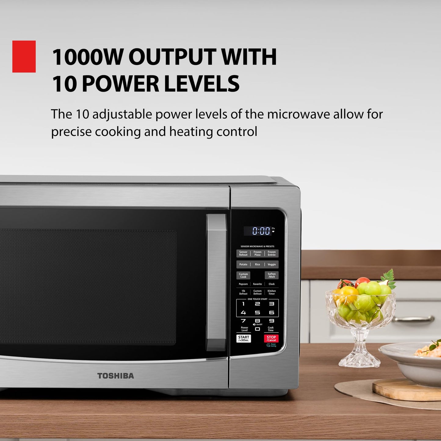 TOSHIBA EM131A5C-SS Countertop Microwave Ovens 1.2 Cu Ft with 12.4" Removable Turntable Smart Humidity Sensor, 12 Auto Menus Mute Function ECO Mode Easy Clean Interior, 1000W, Silver