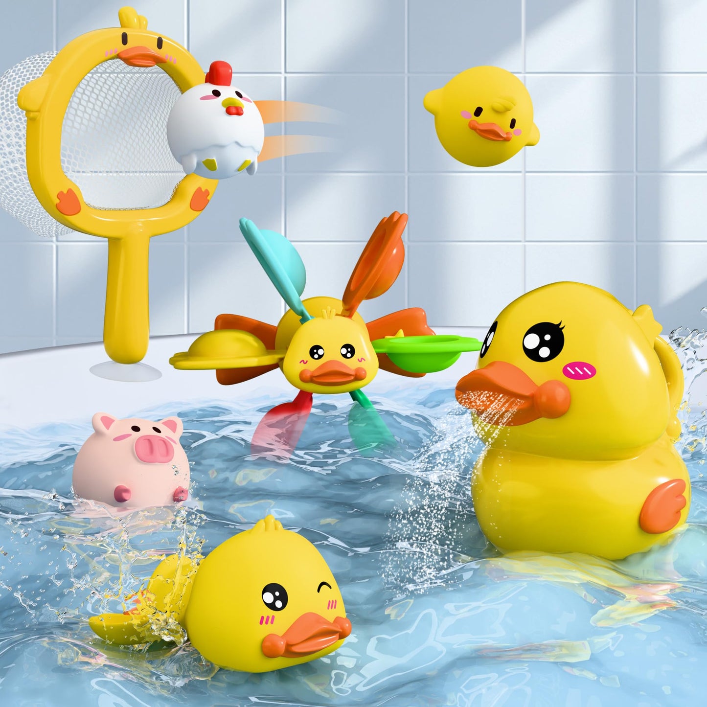 iPlay, iLearn Baby Duck Bath Toy, Toddler Bathtub Suction Water Spinner Gear, Kid Shower Fishing Game W/ Net, Floating Animal, Wind up Swimming Duck, Birthday Gift 6 9 12 Month 1 2 3 Year Old Boy Girl