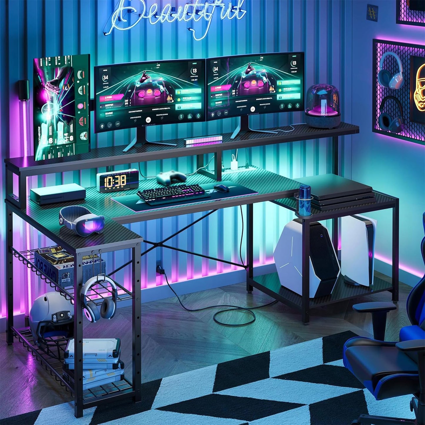 Bestier LED Gaming Desk with Power Outlets, 71 inch L Shaped Computer Desk with Monitor Stand, Large Desk with Printer Stand Adjustable Shelf, Cup Holder & Hooks, Home Office Desk Black