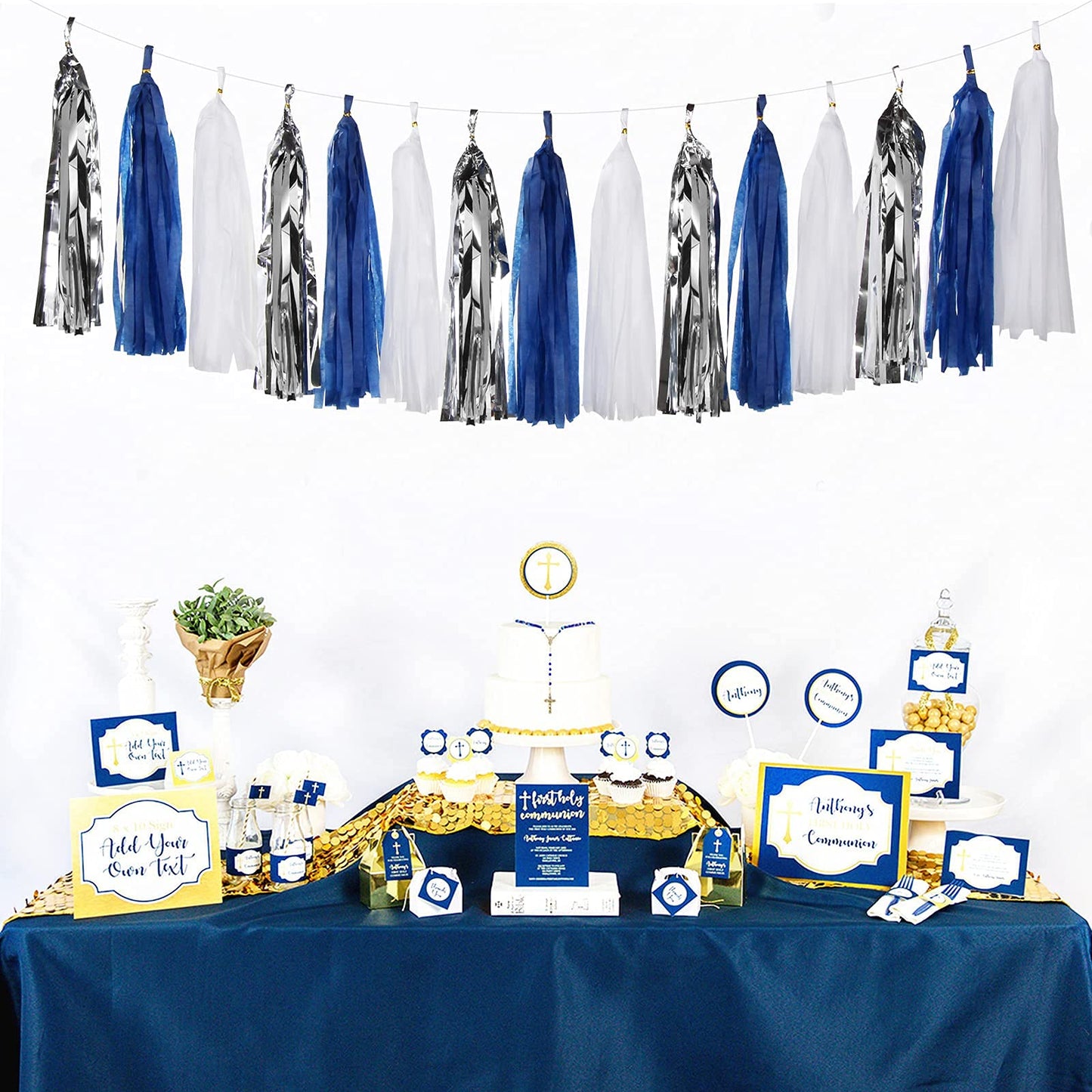 Navy Blue White Silver Party Decorations,23pcs Kit Graduation 2025 Tissue Paper Pom Poms Streamers,Tassel Garland Banner Flowers,Men Birthday Bachelorette Baby Shower Christmas Decor Lasting Surprise