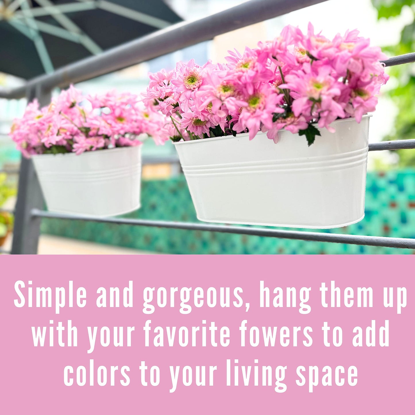 LaLaGreen Outdoor Plants Rail Planter (15 Inch, 6 Pack) White Metal Iron Hanging Flower Pot Deck Railing Fence Bucket Modern Boho Style Wall Mount Window Box Plant Holder Hooks Porch Herb Garden Decor
