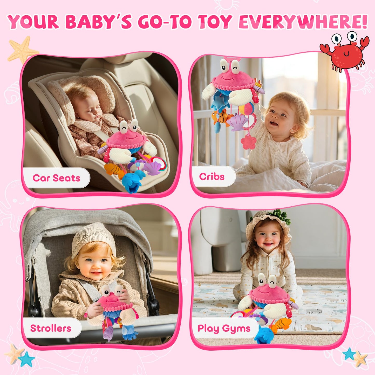 Car Seat Toys for Babies 0-6 Months, Hanging Sensory Crab Plush Toy for Stroller, Crib & Play Gym, Montessori Infant Activity Toy with Mirror, Rattle & Teether, Newborn Baby Gifts 0-12 Months (Pink)